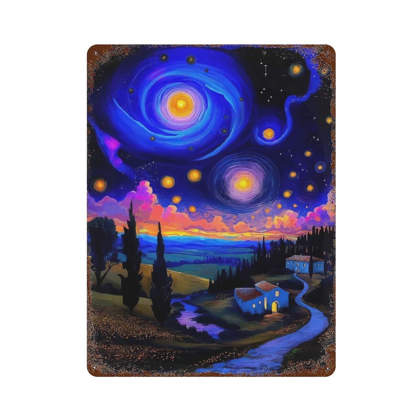 Rustic Tin Plaque Starry Night Landscape 15.7"x11.8", Retro Wall Decor for Shed, Workshop And Garage Wall Decor