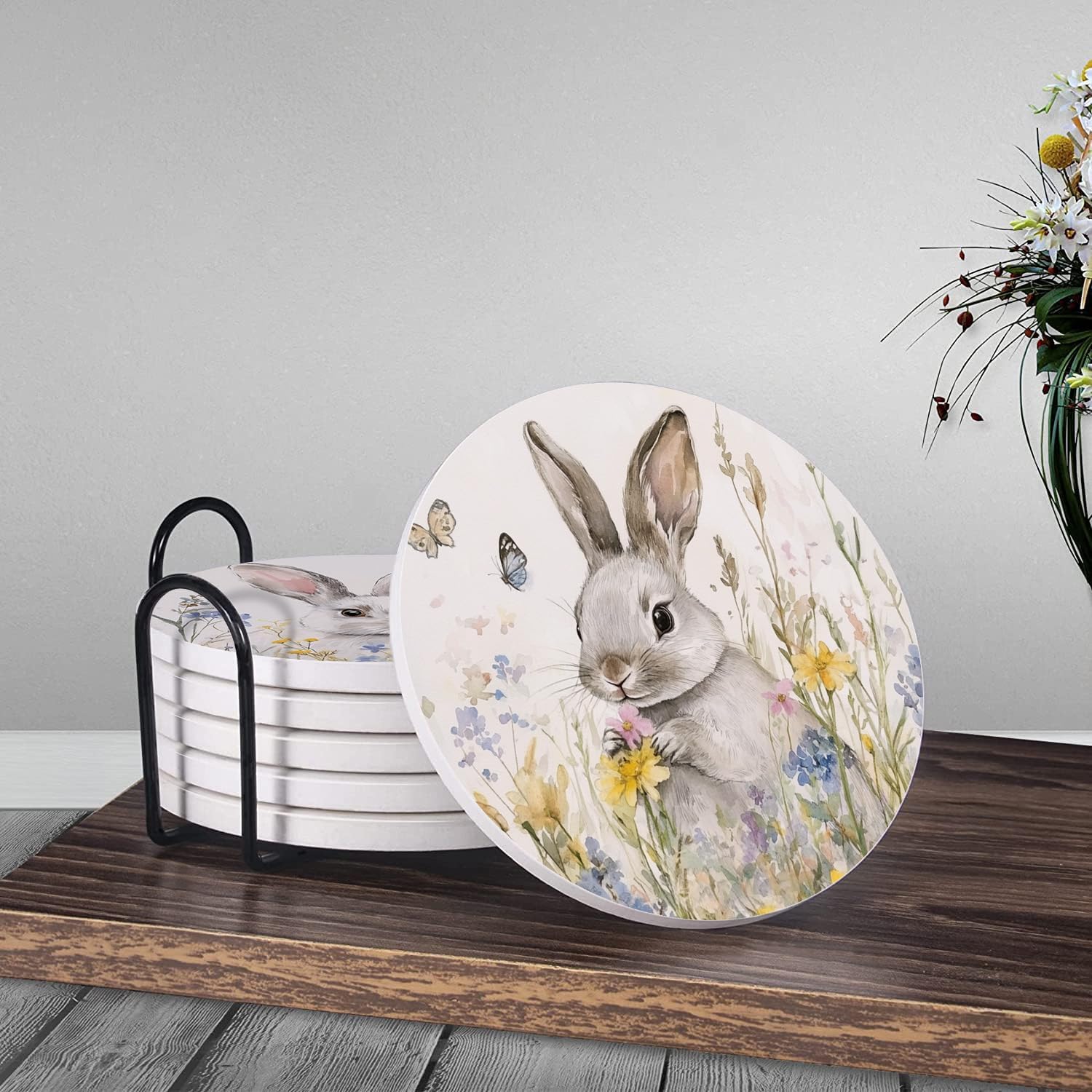 6Pcs Drink Coasters with Holder, Easter Lovely Rabbits Flowers Absorbent Ceramic Drink Coaster with Cork Base, Home Bar Table & Office Decor House Warming Gift