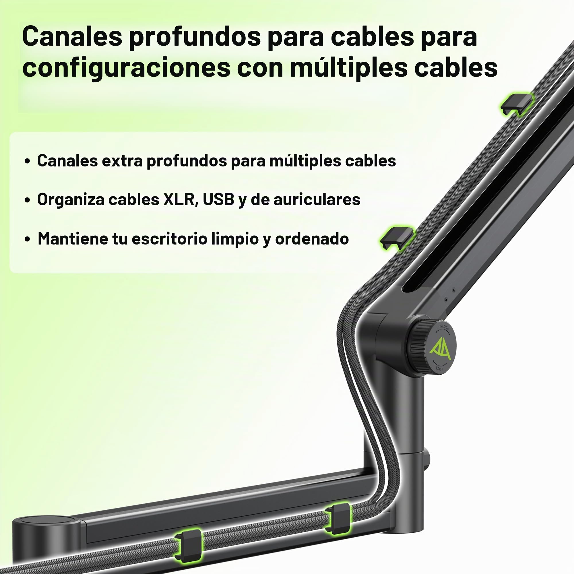 Brazo de suspensión bajo perfil (diseñado para micrófonos pesados) - Capacidad de carga de 3 kg, estructura de bloqueo de engranaje estable que nunca se baja, soporte de micrófono de metal montado en
