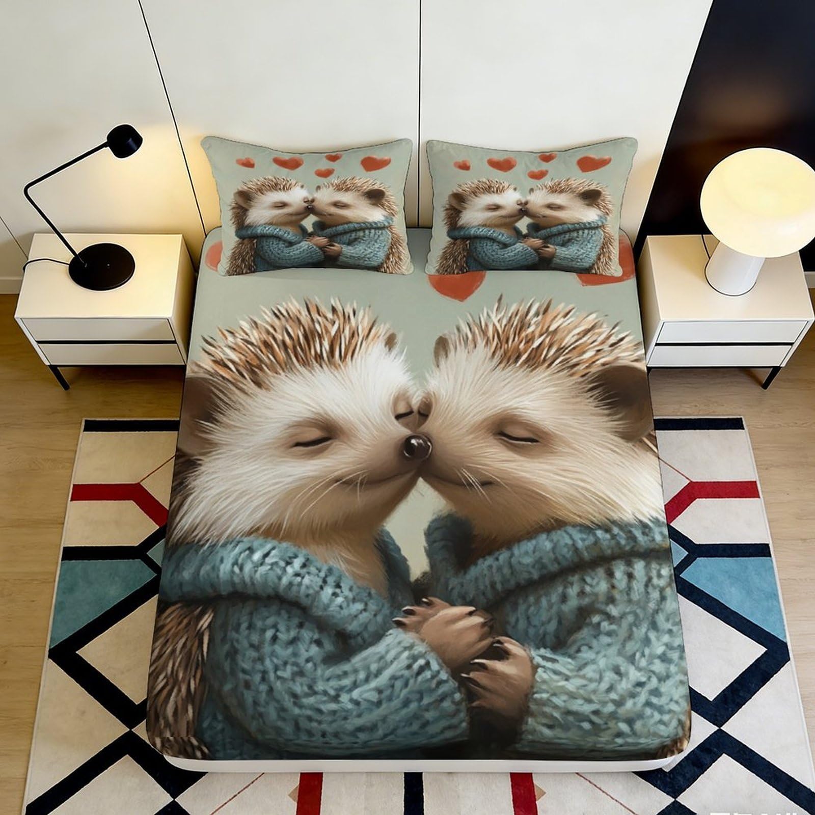 3D Printed Cute Hedgehog Fitted Sheet Microfiber Non-Slip Deep Pocket for Bedroom Bedding Hedgehog Mattress Fitted Cover Washable 140x200x25cm