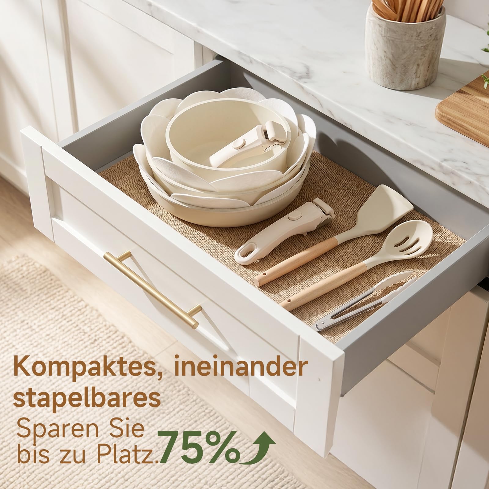 JEETEE Topf und Pfannensets mit abnehmbarem Griff 17-Teilig, Antihaft Pfanneset, Topfset Induktion, Kochtopf Set mit Deckel und Messer, Alle Herde kompatibel, PFOS/PFOA frei, Beige