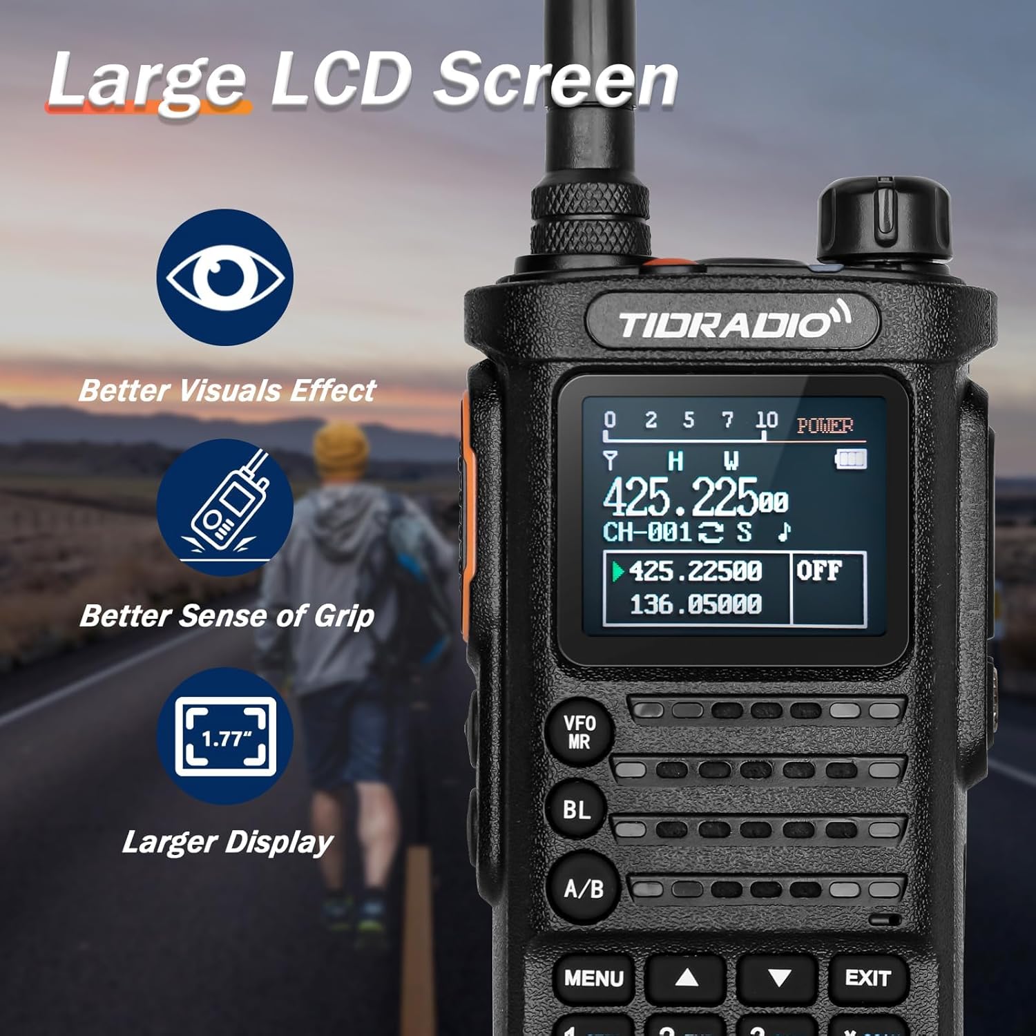 Close-up of the TIDRADIO TD-H8's large LCD screen, showing frequency, channel number, and other display elements.
