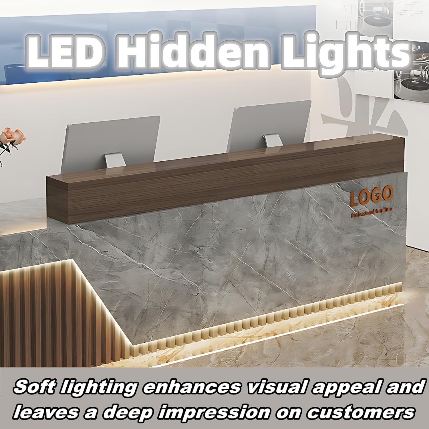Reception Desk - Modern Front Desk, Checkout Counter with Hidden Lighting, Retail Counter with Customizable Logo, Fully Assembled and Ready to Use, Perfect for Office Spaces (White, 76")