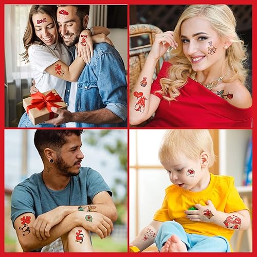 Miniatura 6 de 56 tatuajes temporales de San Valentín para niños, 12 hojas de gnomo, gato, panda, pingüino, oso, amor, corazón, rosa, cupido, decoración de San