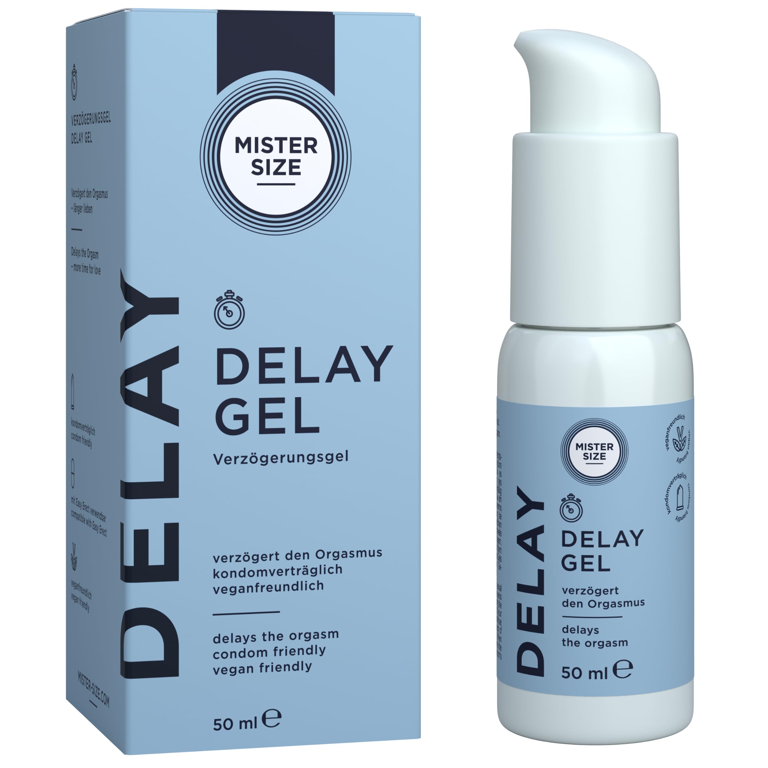 Mister Size Delay Gel 50 ml - gel ritardante con olio di chiodi di garofano e Laureth-9, rinfrescante, nutriente della pelle, adatto per preservativi e toy