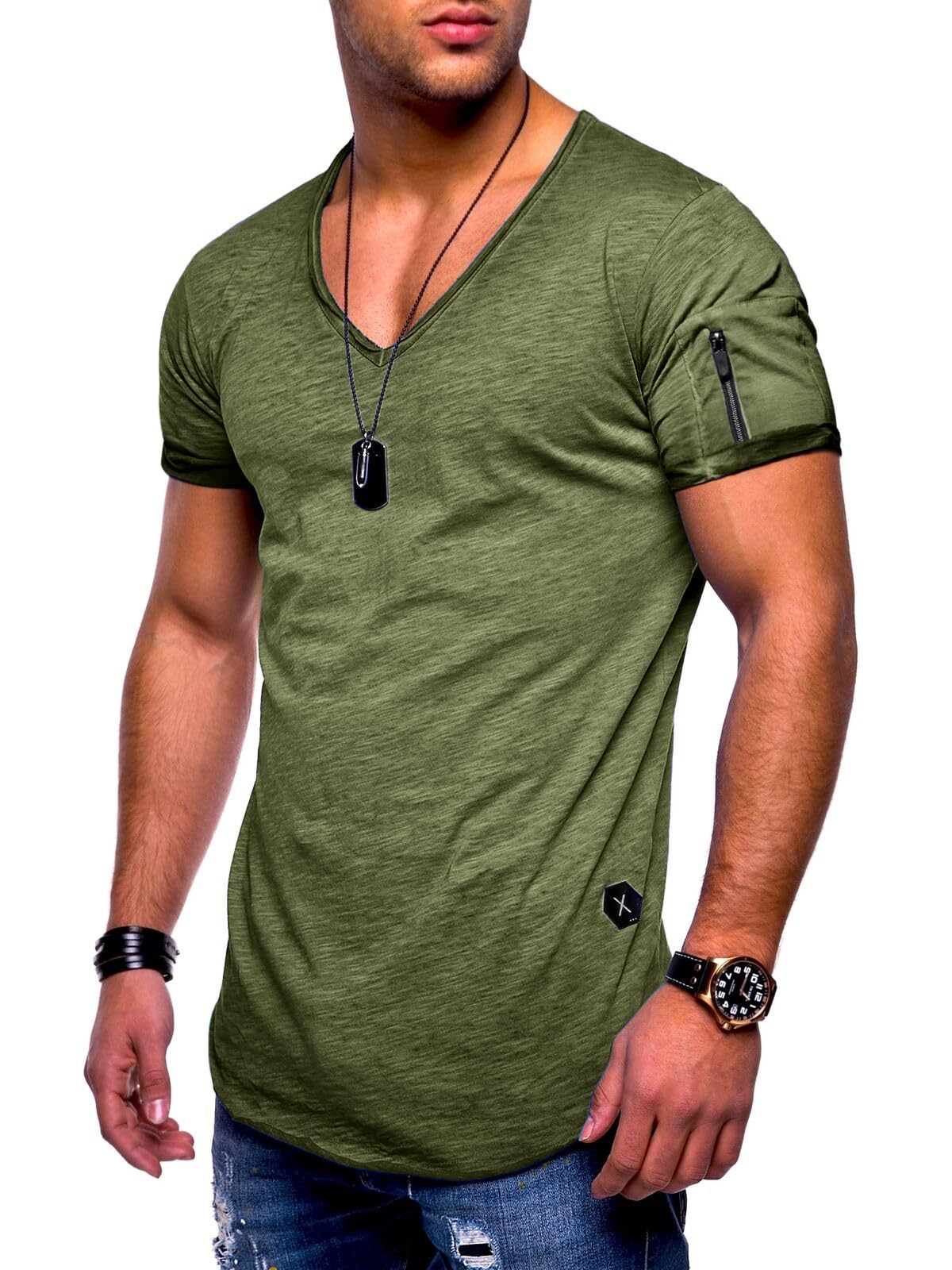 Soulstar Herren T-Shirt V-Ausschnitt Kurzarm Oversized Basic Zipper Male Tee aus Baumwolle Leichtes V-Neck Oberteil