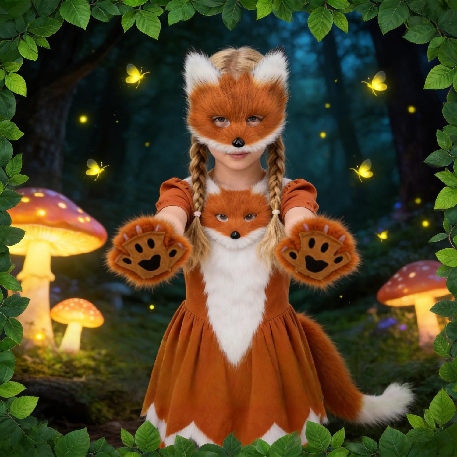 Fuchs Kostüm Set, Fuchs Maske, Fuchs Therian Mask für Jugendliche und Erwachsene, Plüsch Fuchs Maske mit Tail Handschuhe, Tier Cosplay für Halloween, Party Cosplay, Weihnachten, Karnevalspartys