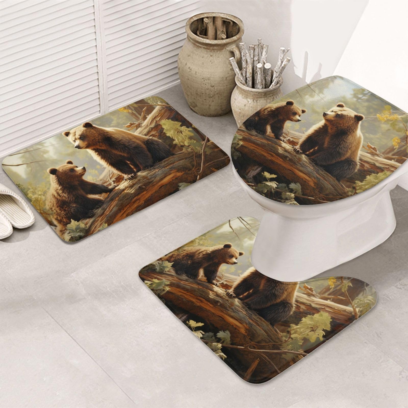 Tapis de bain en microfibre douce avec motif ours mignon pour abattant wc
