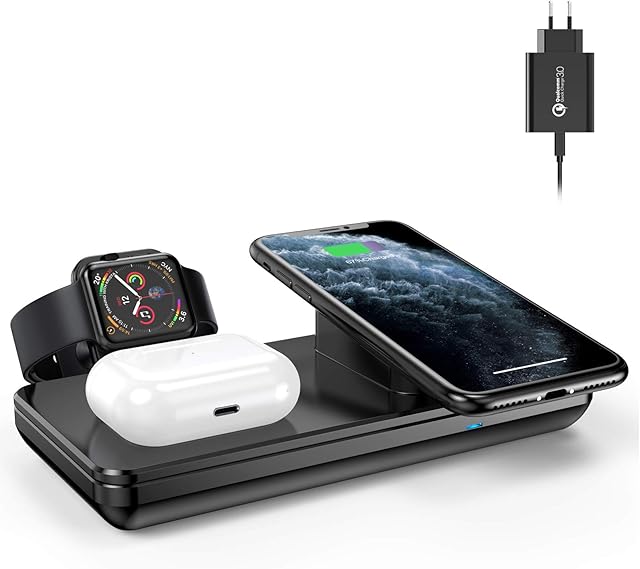 Wireless Charger, Wireless Charging Station for Apple Watch iPhone 12/Pro Max/11/XS Max/8 Plus & Iwatch 2/3/4/5/6/SE, AirPods Pro(Not Included Apple Watch Magnetic Charger)