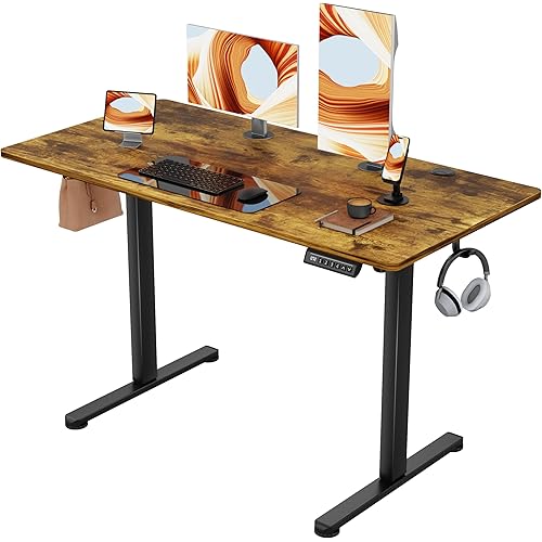 Furmax Electric Standing Desk, 48 x 24 Inches Sit Stand up Desk, Sit Stand Height Adjustable Home Office Desk with 4 Height Position Memory - with Splice Board (Rustic Brown, 48)
