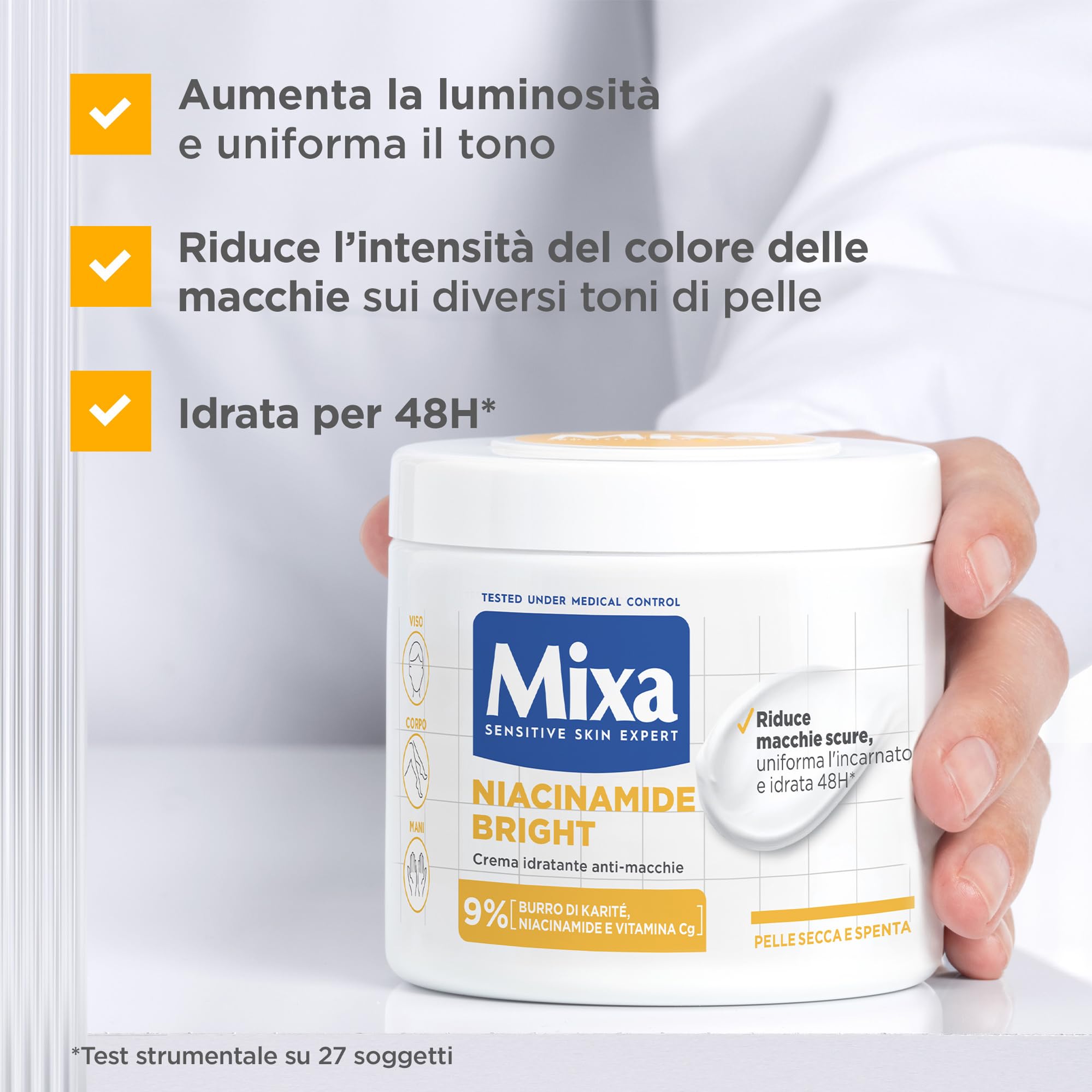 Mixa Crema Idratante Anti-Macchie, Per Pelle Secca e Spenta, Pelle Idratata per 48H, Incarnato Luminoso e Uniforme, Con il 9% di Niacinamide, Vitamina C e Burro di Karité, Niacinamide Bright, 400 ml