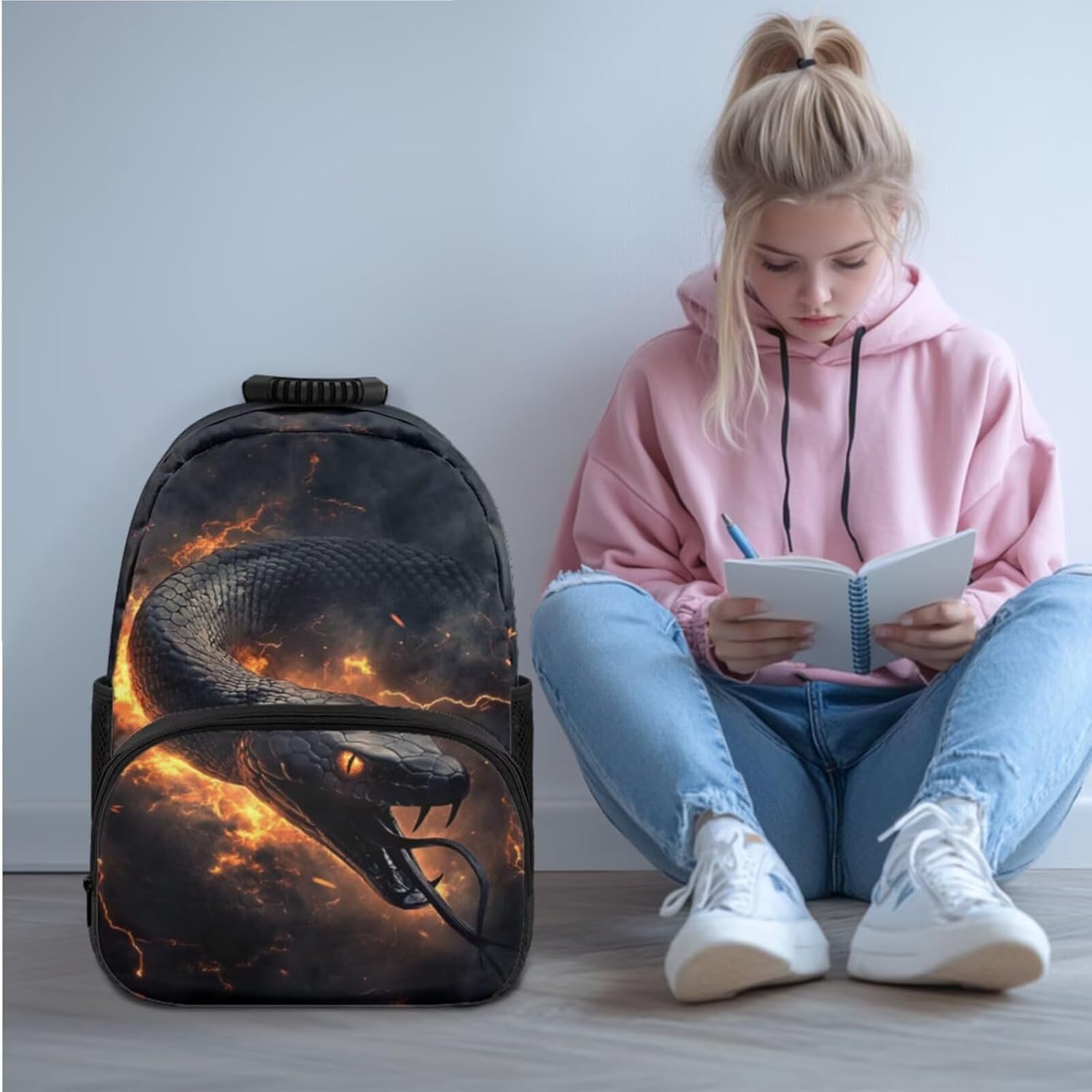 Elementary Boys Backpack with Lunch Box Flame Python Snake Bookbags for 5th Grade Kids with Large Capacity 17 Inch Backpack for Boys Portable Pencil Case Bottle Sleeve for Back to School