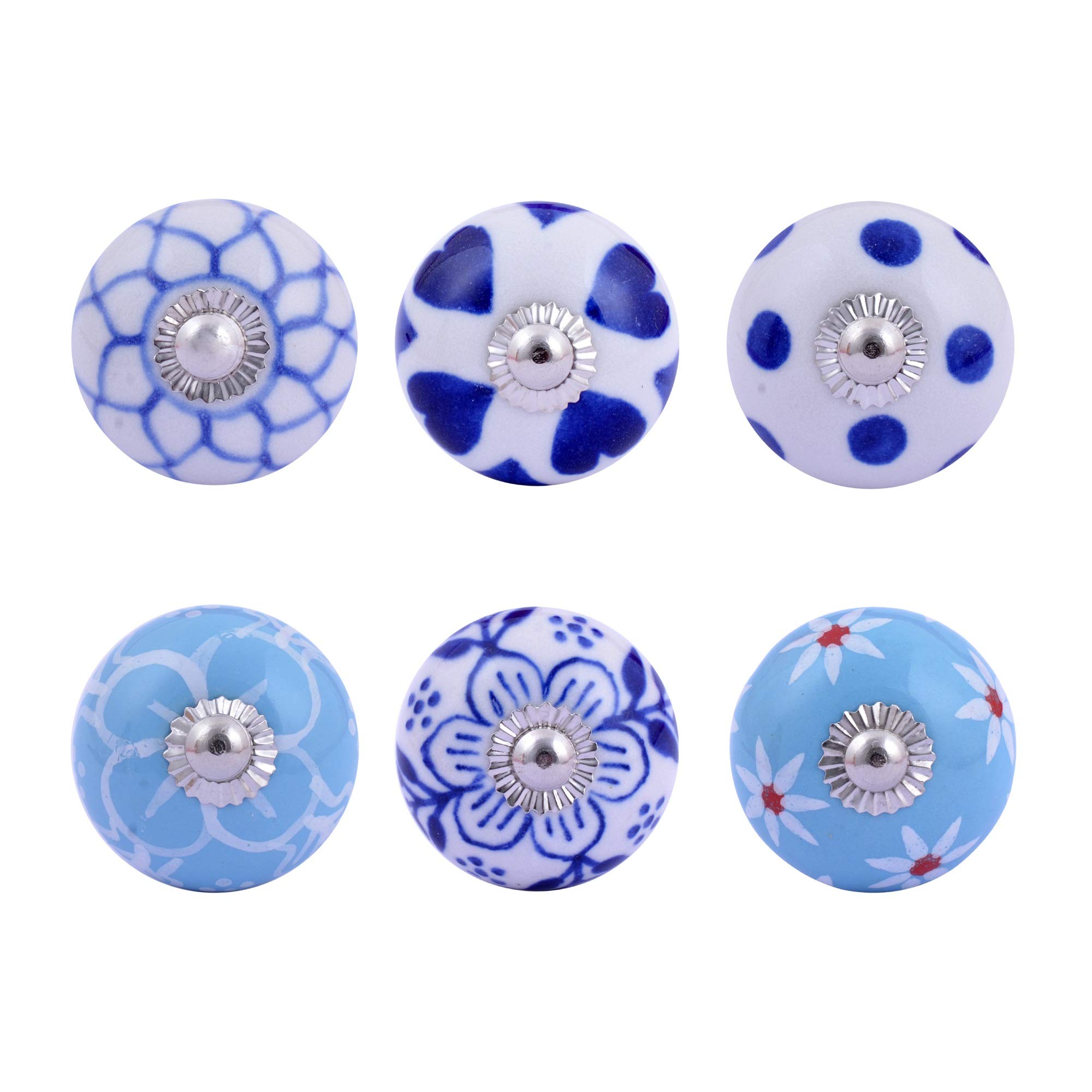 FOLK CRAFT Indian Haat Bazaar Assorted Dresser Knobs - Mix Designed Ceramic Cupboard Drawer Pulls Brass Steel Cabinet Door Handle Blue Pottery Chrome Hardware - Set of 6 Pcs - Blue — image 1