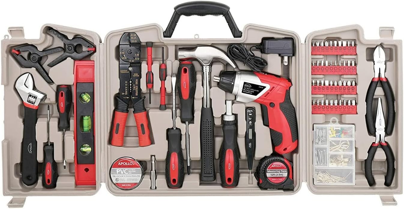 Tools 161 Piece Complete Household Tool Set with 3.6 Volt Lithium-Ion Cordless Screwdriver and Most Needed Hand Tools Selection for Boats, Vehicle and Garage - Red - DT0739