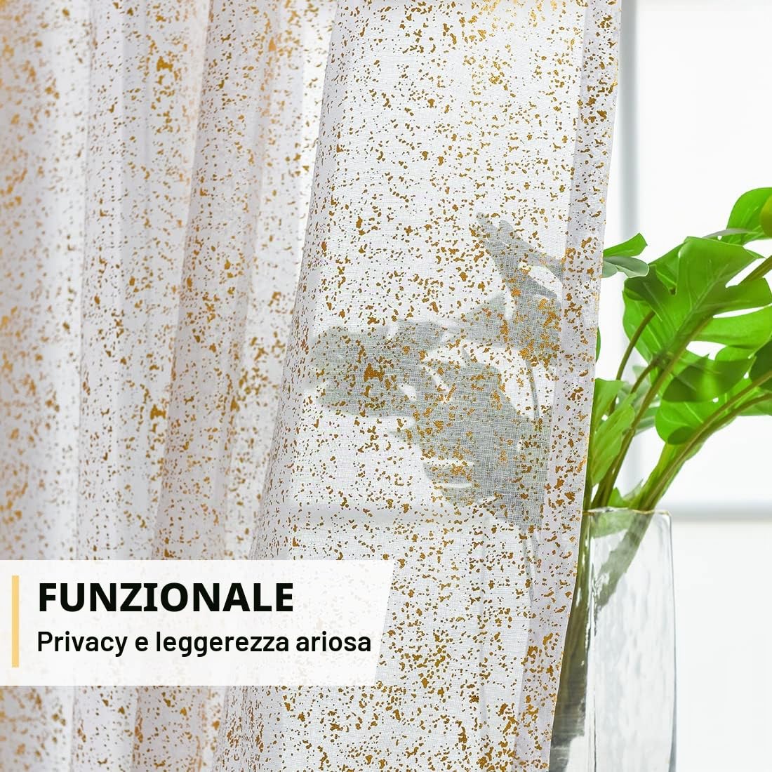 TERLYTEX Tende trasparenti bianche e dorate, lunghe 240 cm, con stampa a pois in lamina d'oro metallizzata, per soggiorno, con occhielli per la privacy, set di 2 pannelli, 133 x 240 cm, bianco oro
