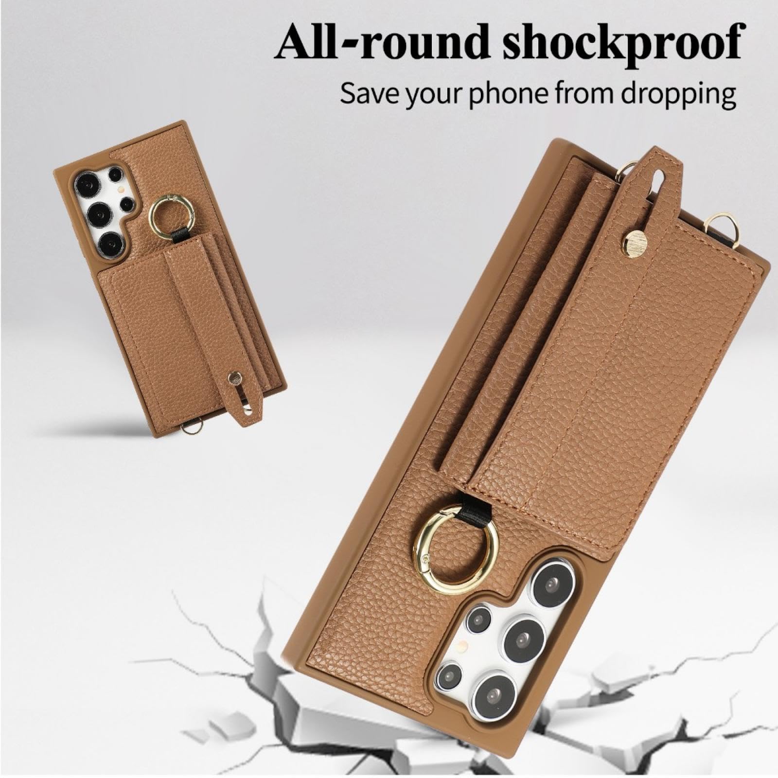 Do Galaxy S25 Plus Portfel Crossbody z Kieszonką na Karty Etui na Telefon Smycz Pasek Na Nadgarstek Skórzane Etui (Do Galaxy S25 Plus/Brązowy)