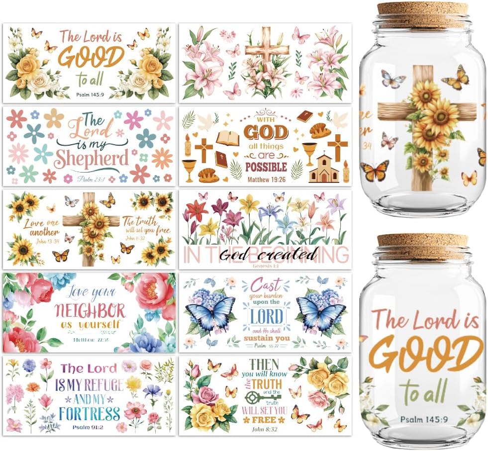 Peacoblue UV DTF Cup Wraps Transfer Stickers Bible and Flowers Pattern, 10 Sheets Waterproof Custom Vinyl Transfer Sticker 16oz Coffee Glass Cup Tumbler Bottle Mug Decals for Men Women
