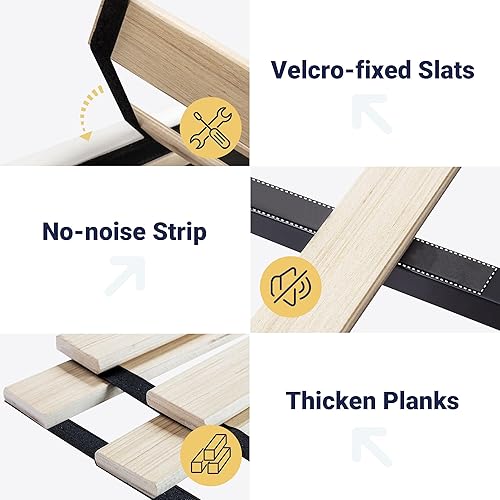 Miniatura 15 de Allewie - Base de cama copetuda, tamaño Matrimonial, con plataforma, tapizado de tela, con botones y cabecera ajustable, soporte con rejilla de Gris