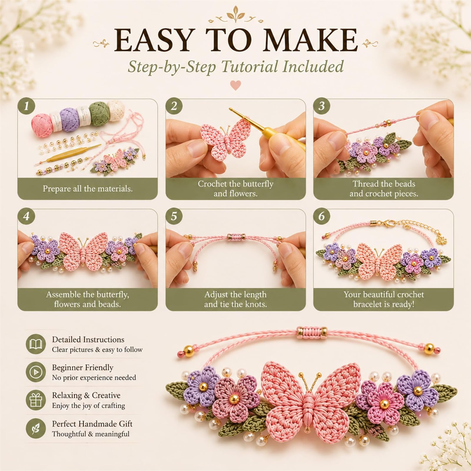 Generisch DIY-Set zum Häkeln von Armbändern, inspiriert von der Natur, kreatives Schmuck- und Bastelprojekt, inklusive Garn, Perlen, Perlen und Häkelnadel, für Freunde, Verliebte und Anfänger (#ALL)