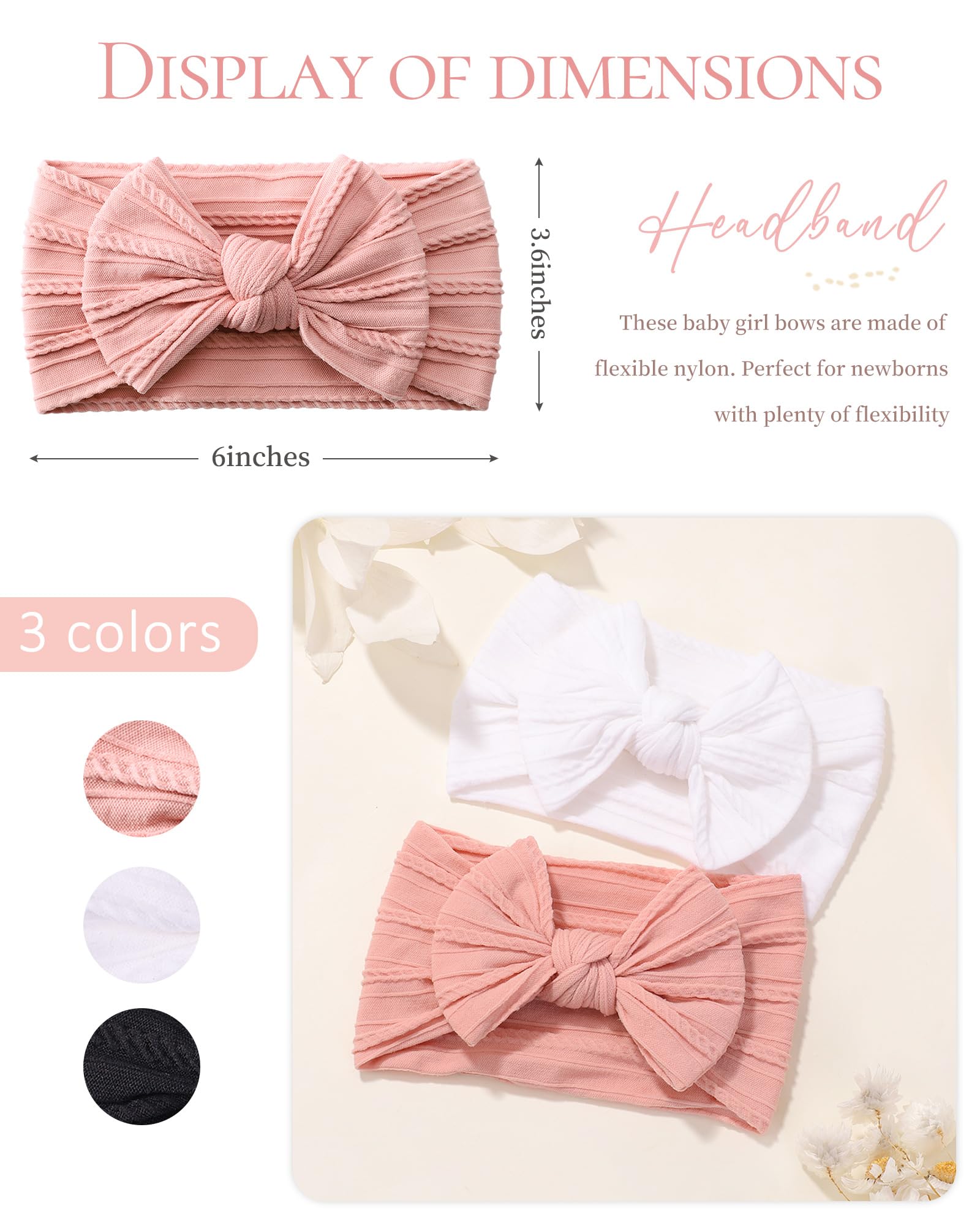 jollybows 3PCS Baby Girl Headband Bows Nylon Head Wraps Newborn Hairbands Infant Toddler Hair Bow - Black White Pink - Image 2