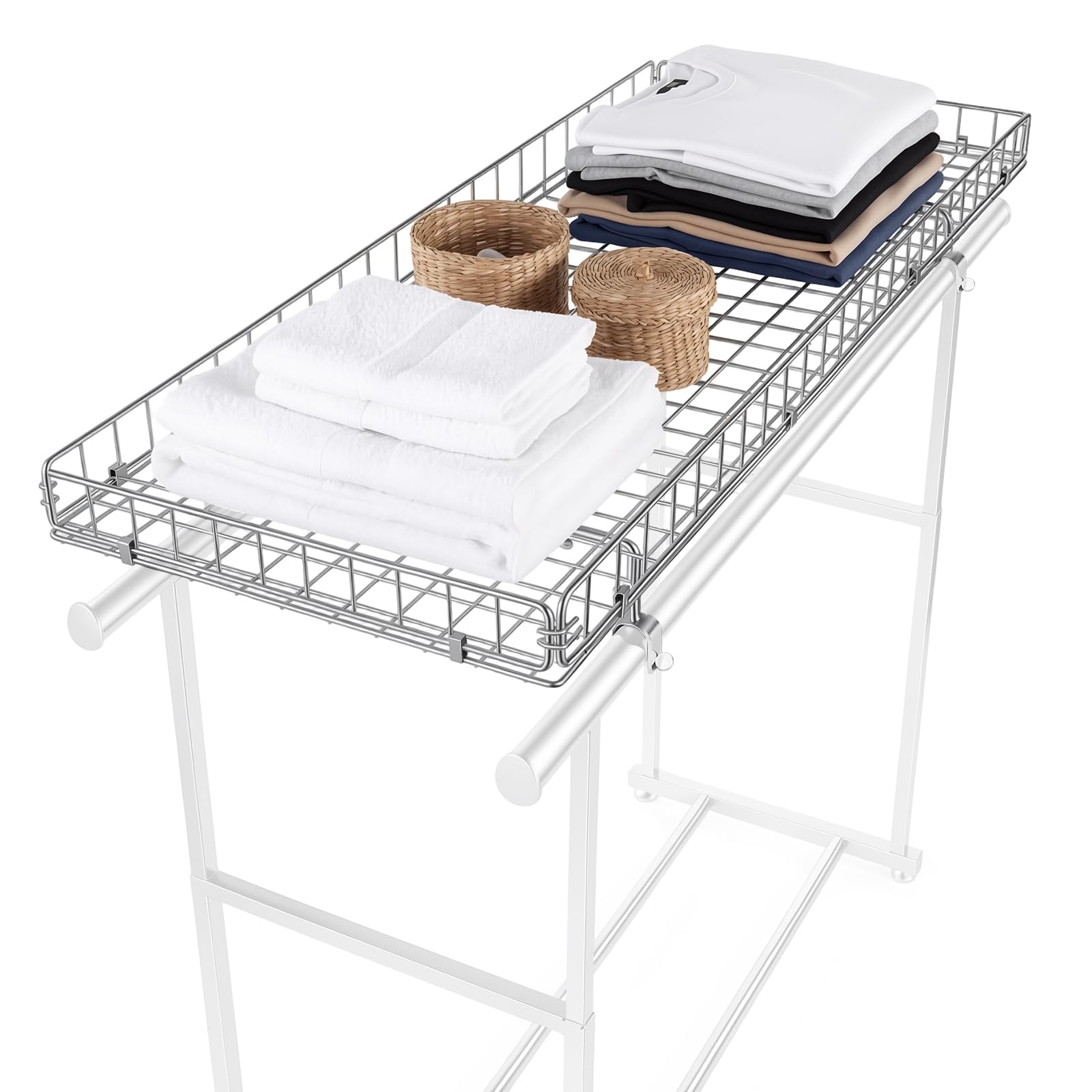 Photo 1 of Teecyhooo Double Rods Clothes Rack Organizer, Basket Expand Storage, Double Rod Metal Rack for Clothes, Towels Space Saving Closet Storage for Laundry, Retail Store 52.4" L x 22.4" w x 3" h