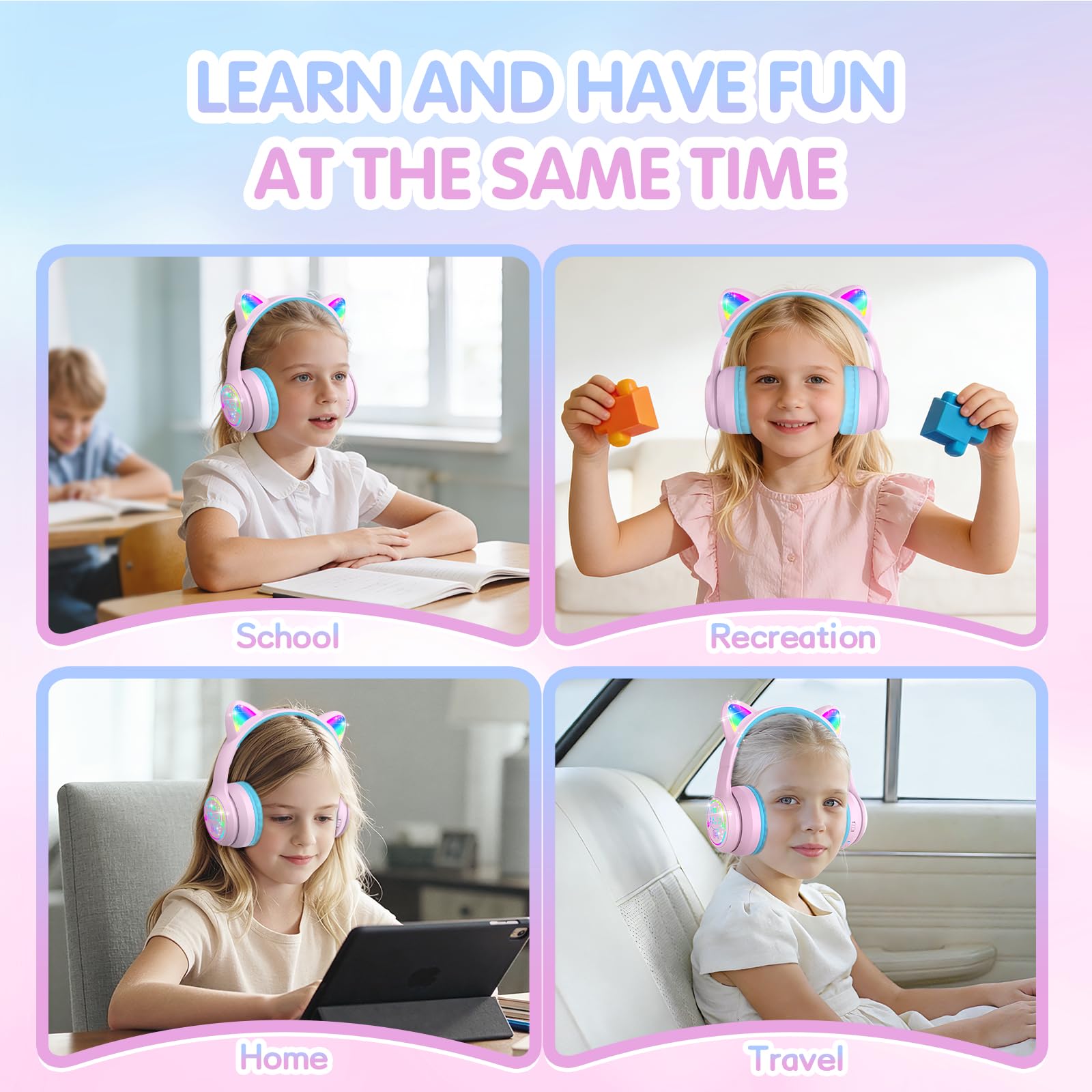 IFECCO Cuffie Bluetooth per bambini senza fili con custodia – Cuffie over-ear con luci LED, orecchie da gatto, limitazione del volume a 85 dBA, microfono integrato, compatibili con iPad/tablet/scuola
