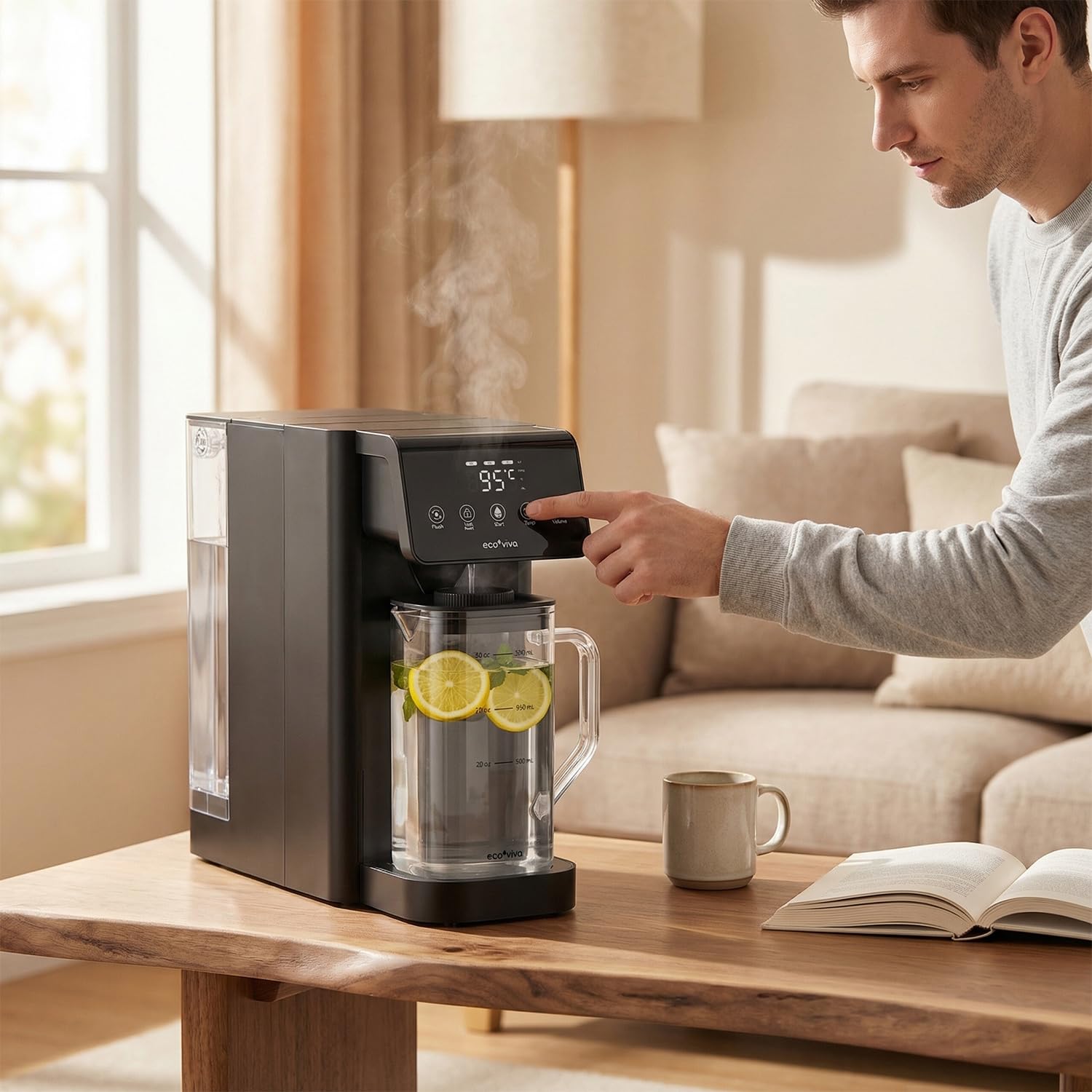 Ecoviva MATE 5H Système d'osmose inverse sur table – Filtre à eau de table avec 3 filtres séparés, stérilisation UV & distributeur d'eau chaude, réduction de PFAS d'eau, eau alcaline, compact