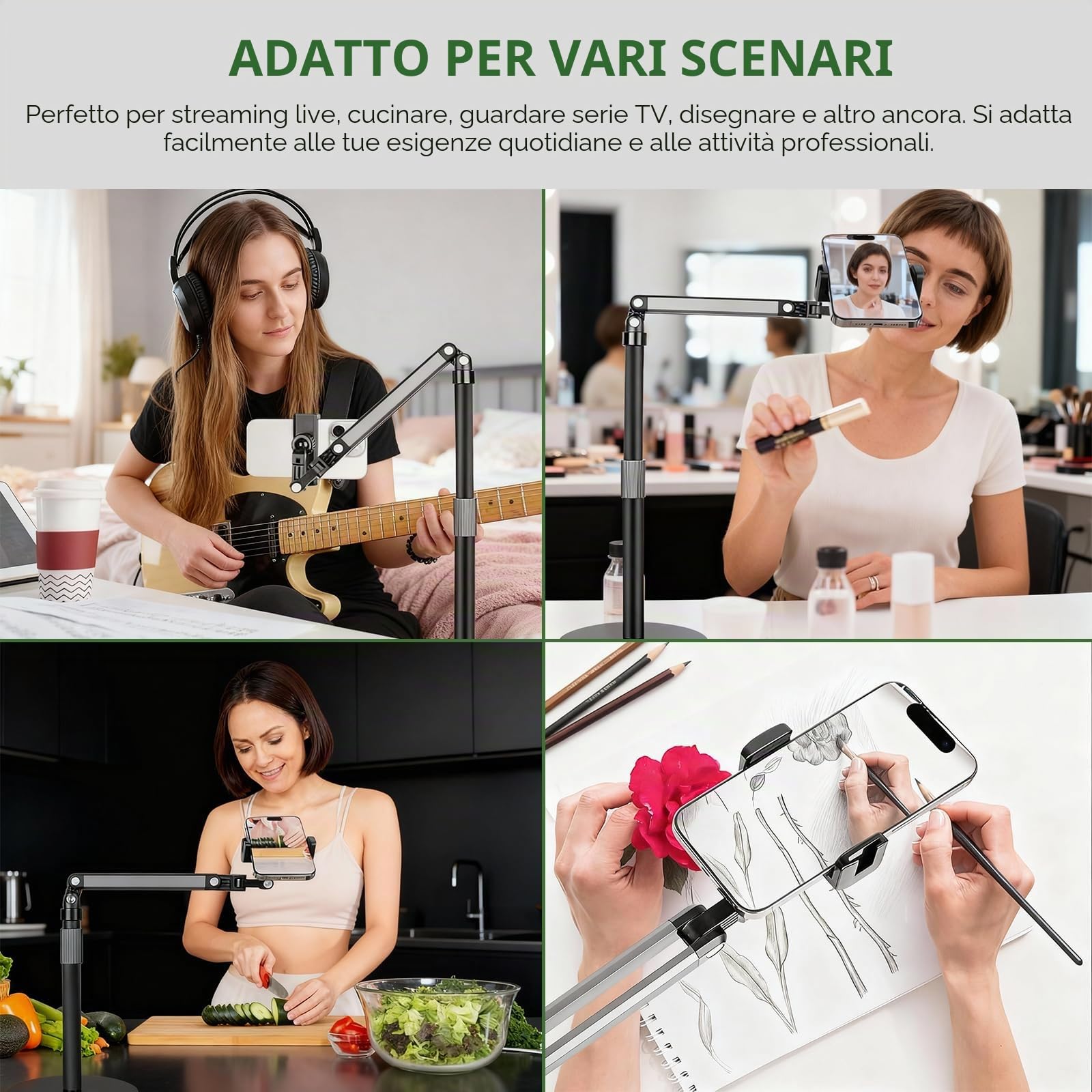 Supporto per Smartphone da Scrivania, Supporto per Cellulare da Tavolo Réglable a 360°, Supporto Telefono in Metallo per Live e Video, Videoconferenza