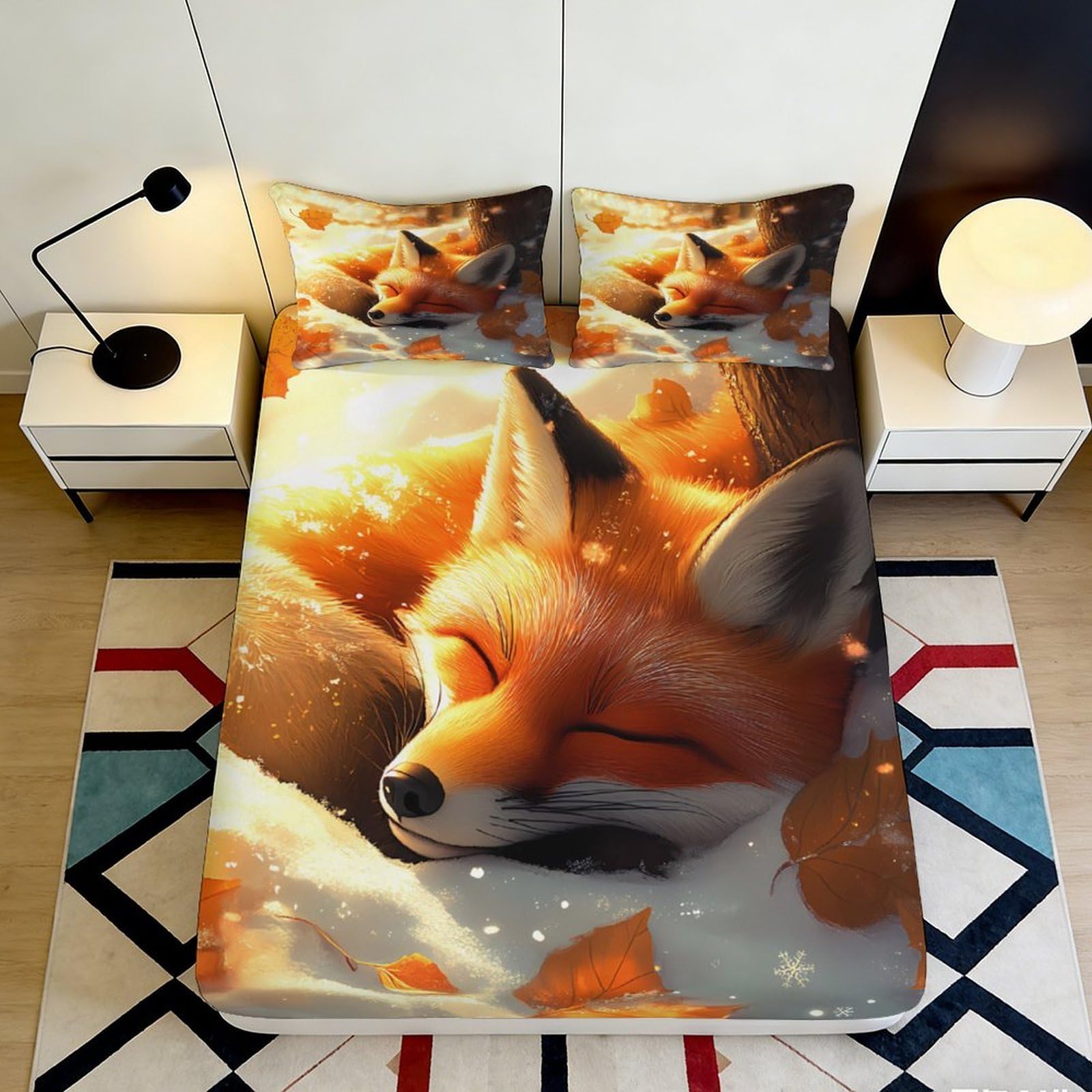3D Printed Sleeping Fox Fitted Sheet Microfiber Soft Durable Autumn Leaves Bed Cover for Bedroom Dormitory Guest Room Mattress Protection 140x200x25cm