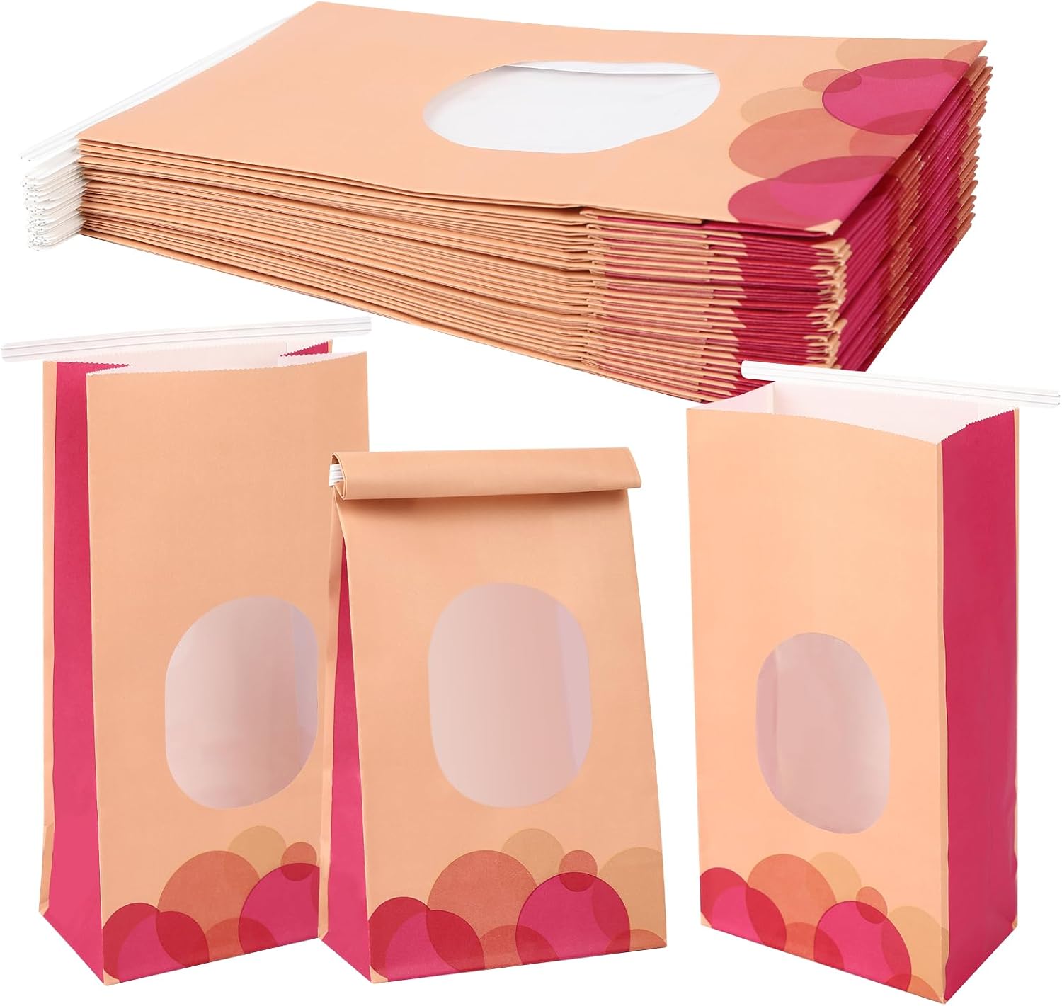 100Pcs Bakery Bags with Window 5.1x2.75x9.6" Kraft Paper Tin Tie Resealable