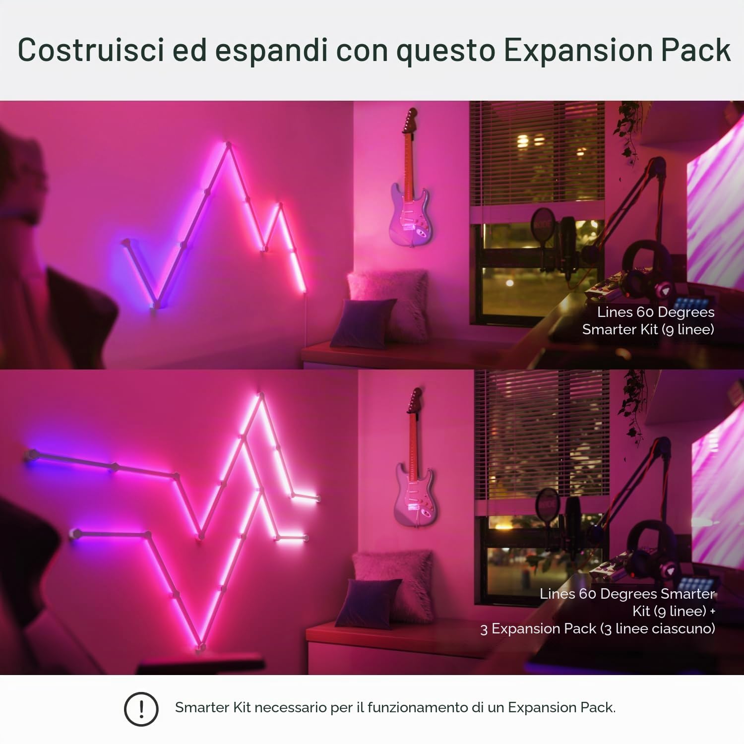 Nanoleaf Lines 60 Degrees Expansion Pack, 3 Barre LED Aggiuntivi RGBW Smart Modulari - Applique da Parete Interno Modulari, Luci Led 16M Colori WiFi, Funziona con Alexa, Sincronia Musica e Monitor