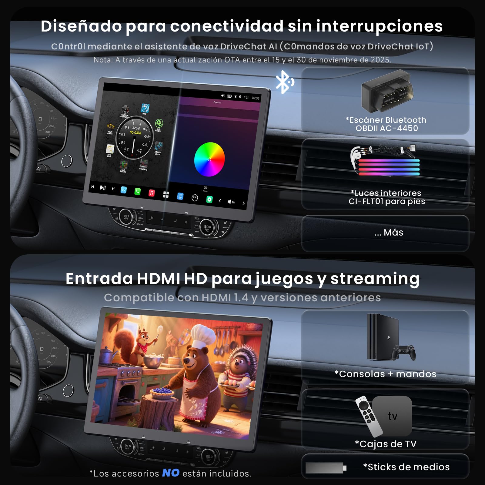 [12.95" QLED] Radio Android 1 DIN y 2 DIN, Agente de IA & Visión IA, Pantalla Flotante Coche, Alerta Golden Hour, 8G+128G, 4G LTE, CP y AA Inalámbricos, Salida óptica S/PDIF & Entrada HDMI, X10G129E