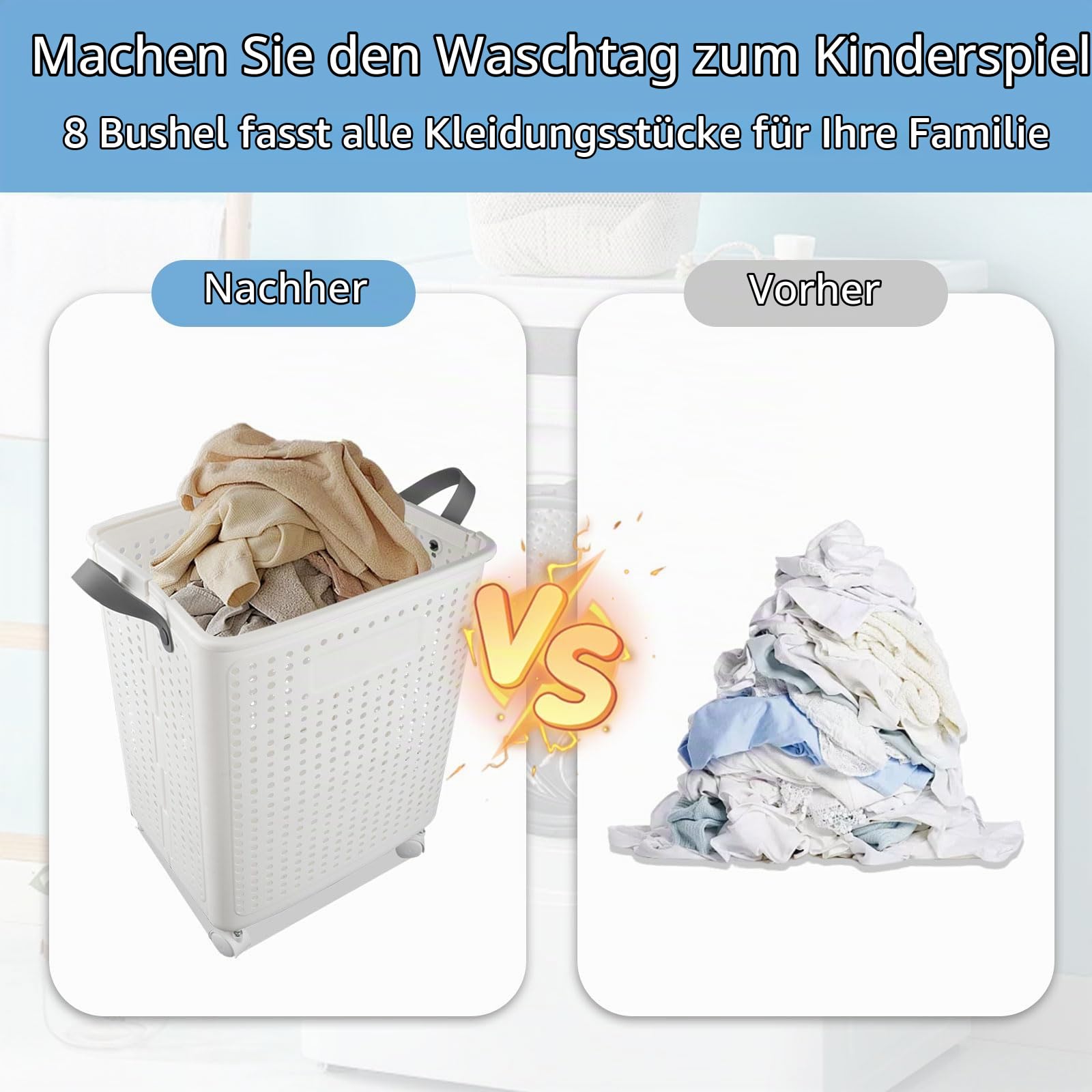 Wäschekorb, faltbar, 41,5 l, Wäschekorb auf Rollen, platzsparend und tragbar, Wäschekorb mit Rollen, mit Henkel, Aufbewahrungskorb für Waschküche, Schlafzimmer, Schlafsaal