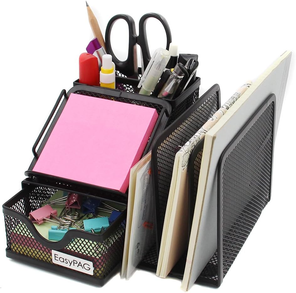 EasyPAG Mesh Desk Accessories Organizer Sticky Note Pad Holder 2 Upright Pen Holder ,Black