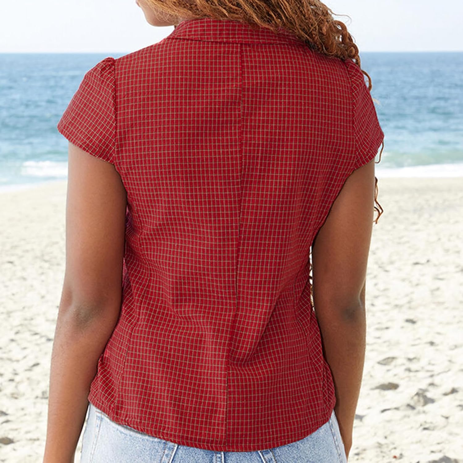 Women Y2k Plaid Button Up Shirt Cute Preppy Short Sleeve V Neck Gingham Top Coquette Going Out Top - Image 5