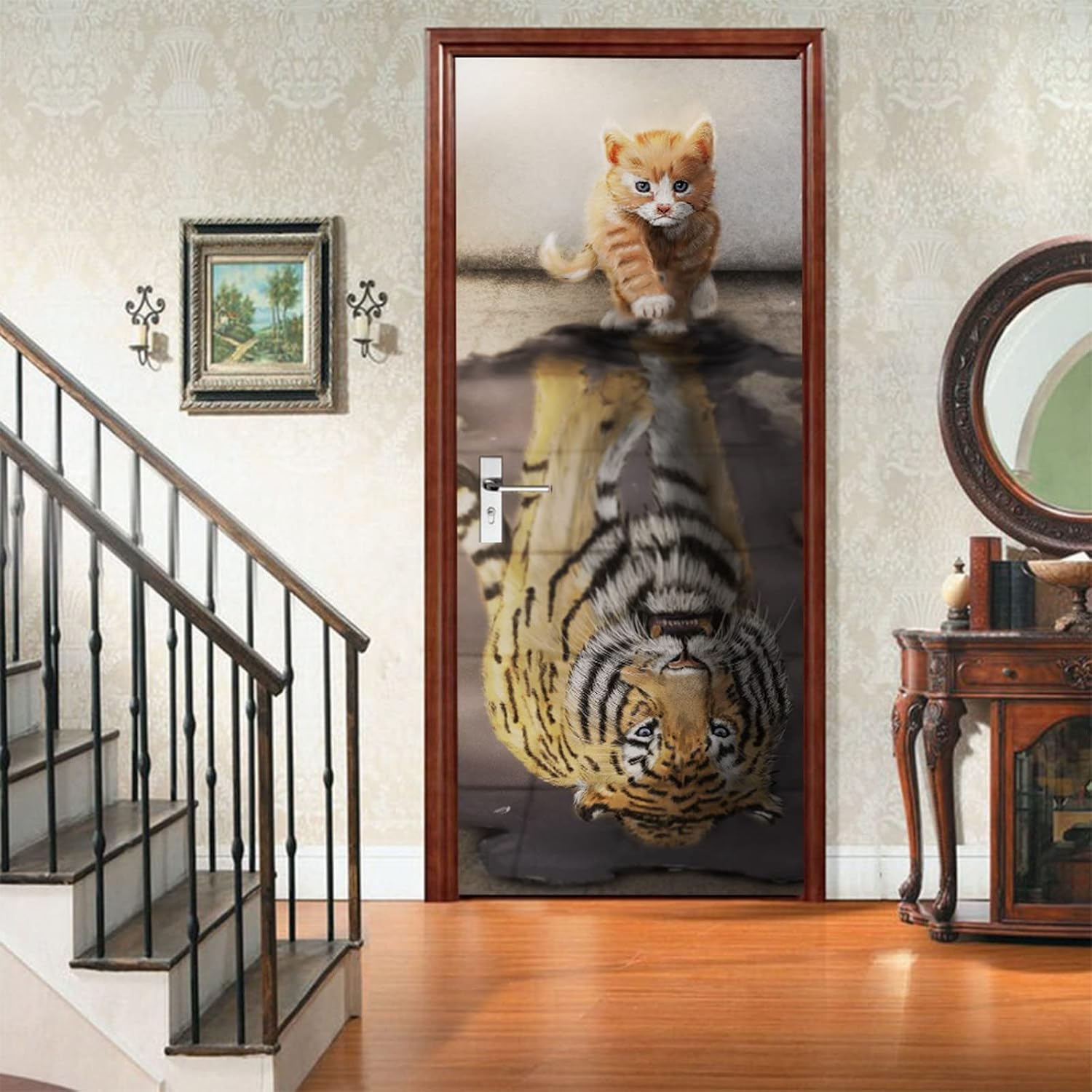 A.Monamour 3D Door Stickers for Interior Doors Yellow Cat with A Reflection of A Tiger Abstract Art Vinyl Removable Self Adhesive Door Poster Wallpaper Mural Decals for Bedroom Office 77x200cm