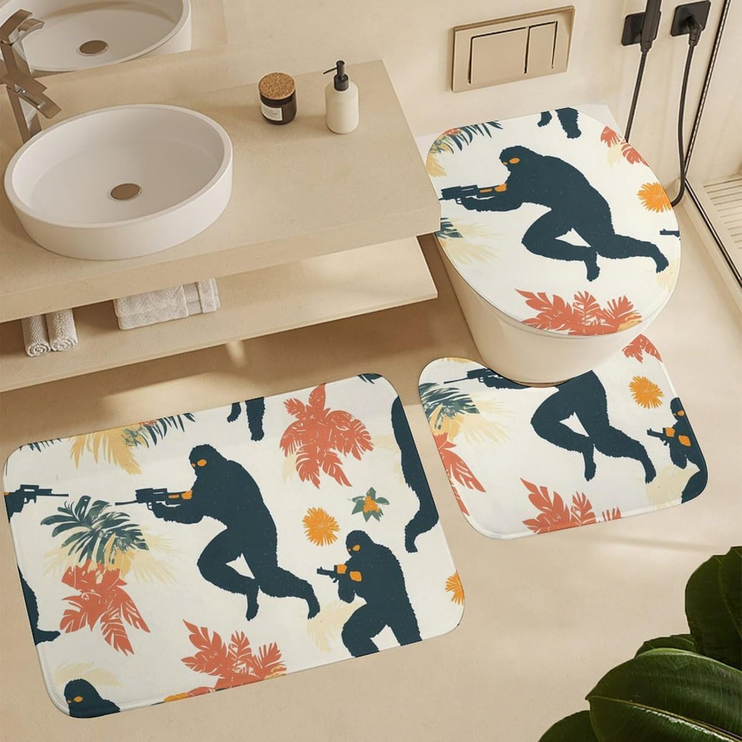 Bigfoot Shooting Hawaii Tropical Plants Bathroom Sets with Shower Curtain and Rugs 4 Piece with U-Shaped Floor Mat Toilet Lid Cover