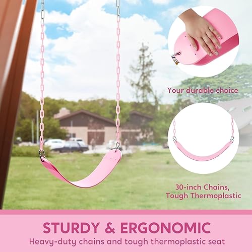 Miniatura 4 de TURFEE Asiento de columpio resistente de color rosa con cadena de 66 pulgadas, accesorios de repuesto con ganchos de presión para niños al aire libre