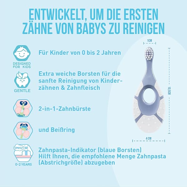 Jordan ® | Step 1 | Brosse à dents pour bébés de 0 à 2 ans | La brosse à dents pour tout-petits avec des poils extra doux et un anneau de morsure doux pour gencives des bébés | Bleu & Vert | 2 unités - 2