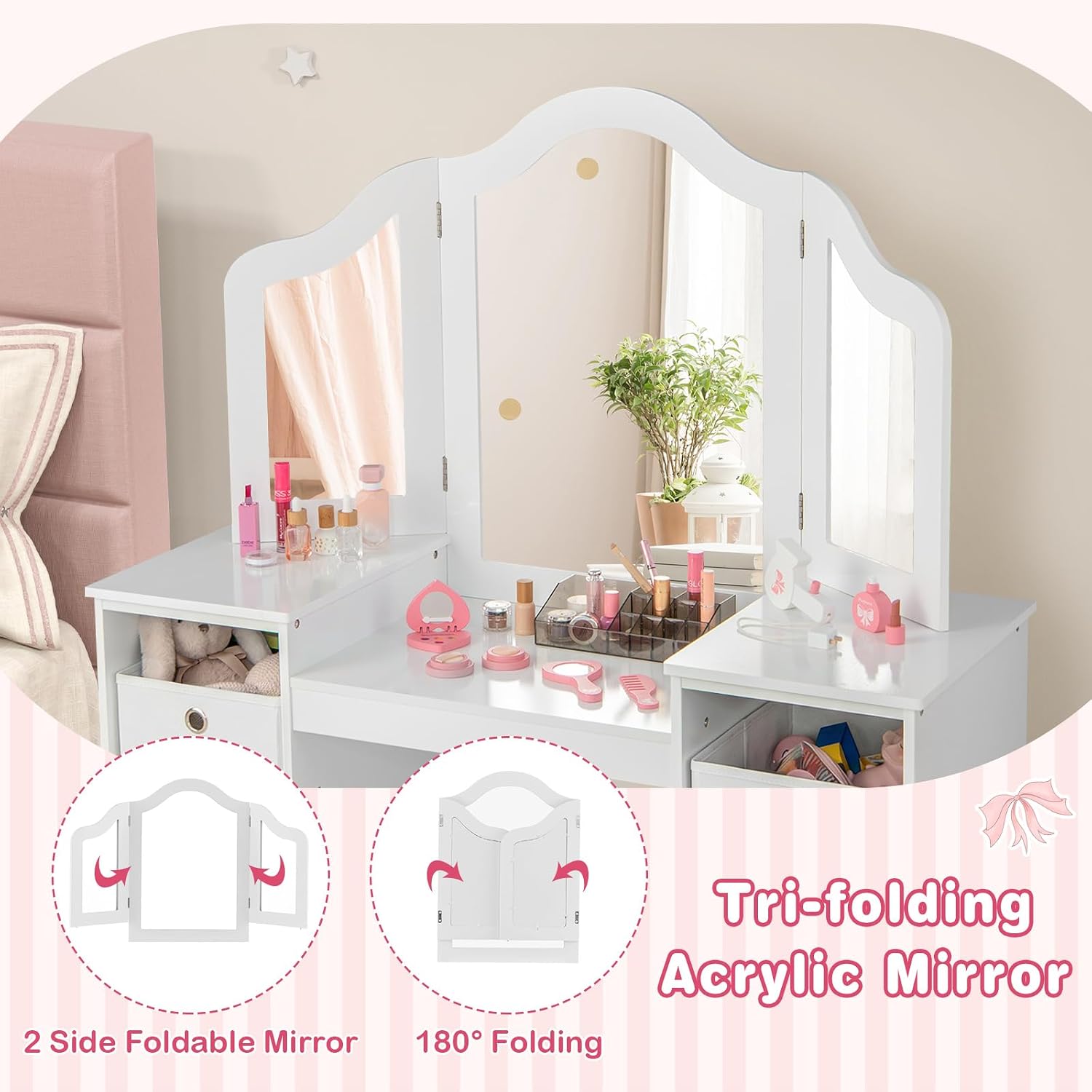 INFANS Kids Vanity, 2 in 1 Princess Makeup Desk & Chair Set with Tri-Folding Detachable Mirror, Large Storage Shelves, Wooden Pretend Play Dressing Table for Girls (Cream White)