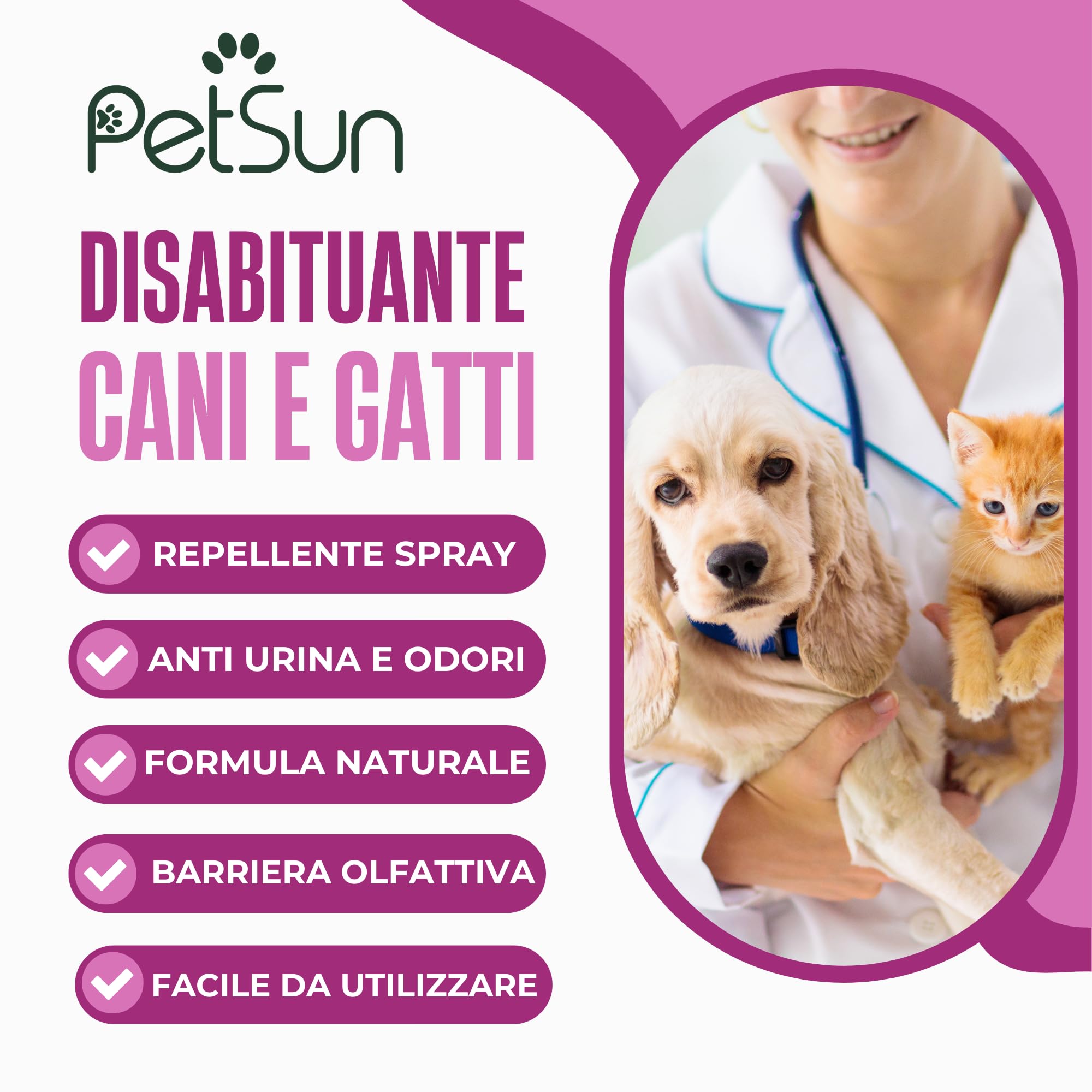 PetSun Disabituante per Cani e Gatti - Repellente - Spray Naturale - Anti Urina e Odori per Interni ed Esterni - 250 ml