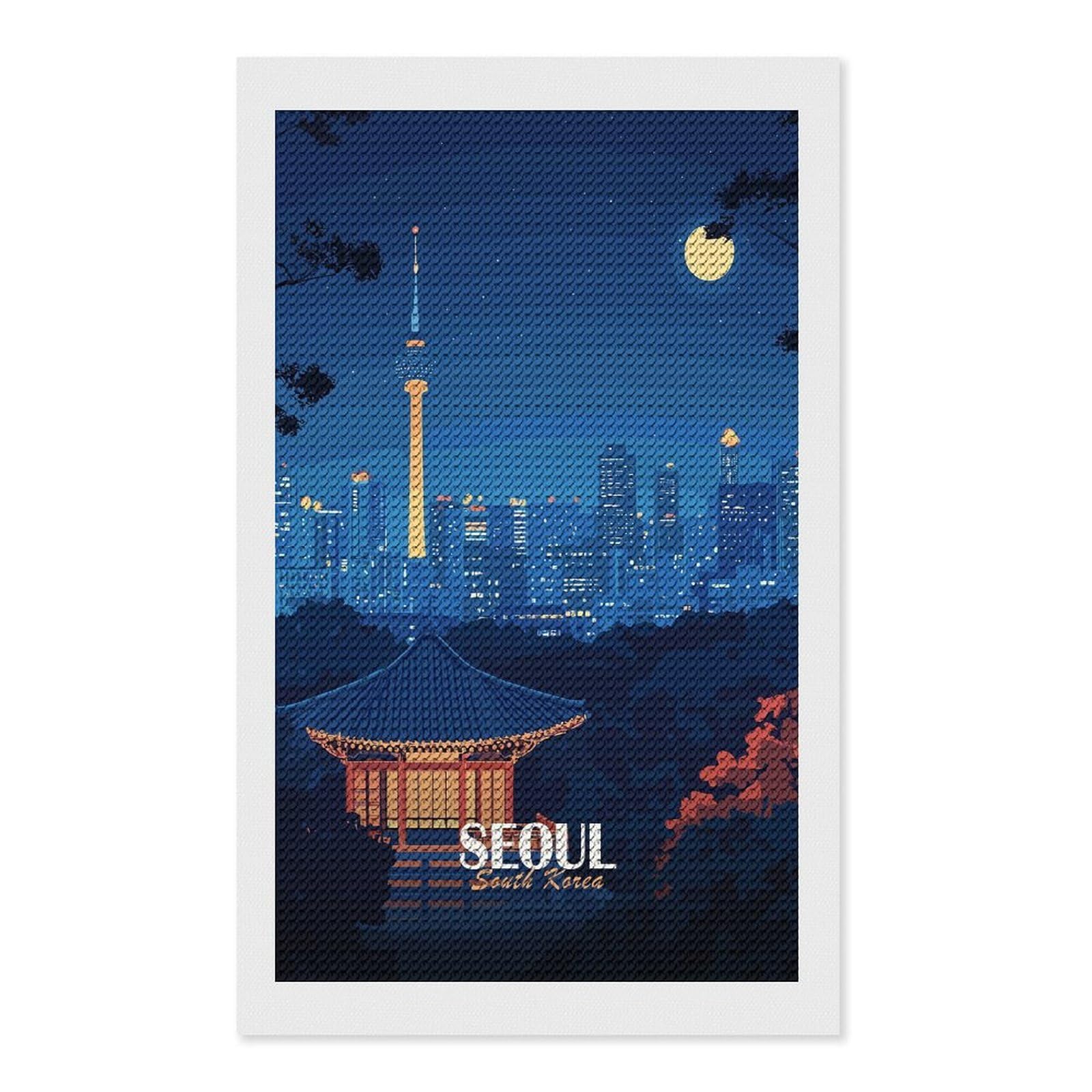 Junmoney Seoul Cityscape at Night Full Drill Diamond Painting Kit 12"x20", Sparkling Round Gems, Decorate Your Room, Mindful Craft Activity
