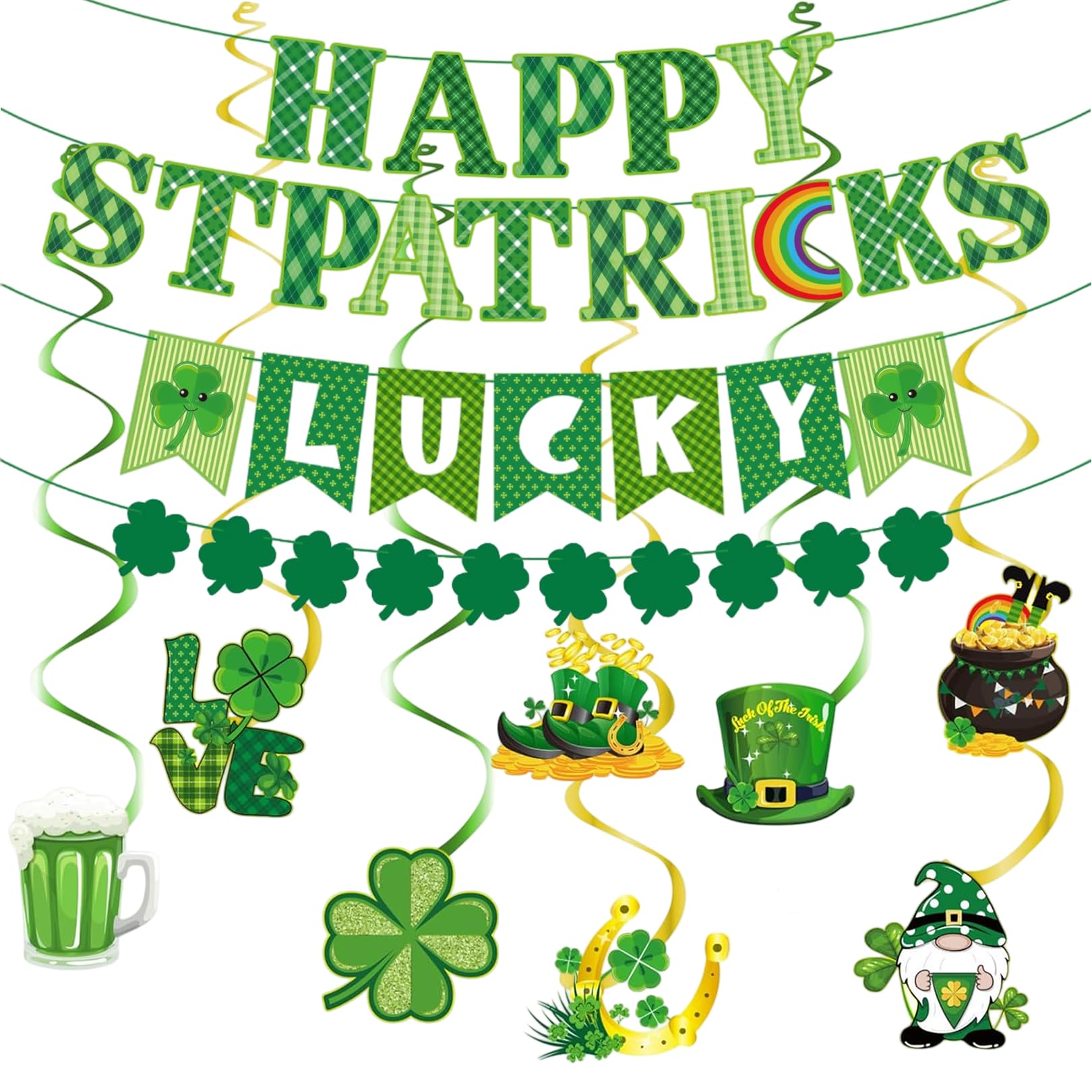 Solihigh 20Pcs Pcs St Patricks Day Decorations, Happy St. Patricks Banner Lucky Banner, Hanging Swirls, Shamrock Garlands Irish Party Decor Spring Holiday St Patrick's Day Accessory Wall Decorations