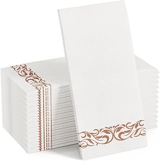 50 Pack Linen-Feel Disposable Guest Towels, Soft and Absorbent Paper Hand Towels for Bathroom or Kitchen, Elegant White Napkins with Rose Gold Design for Parties, Weddings, Dinners Events