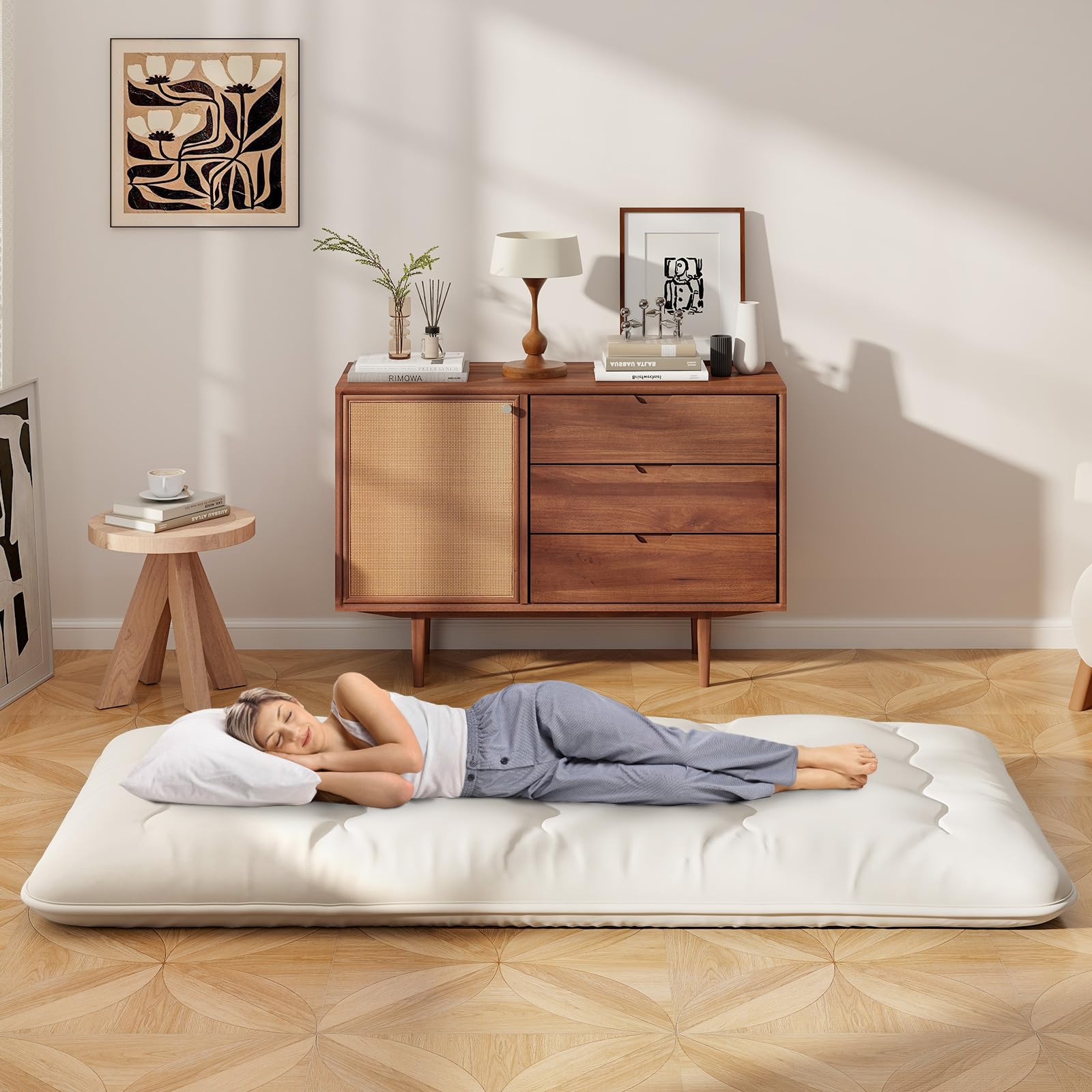 COSTWAY Matelas Futon Portable Pliable, Matelas Futon Japonais 90 x 200 cm, Housse Lavable, Matelas de Sol avec Sac de Transport, pour Le Camping, Les Voyages, d'Invités (Beige)