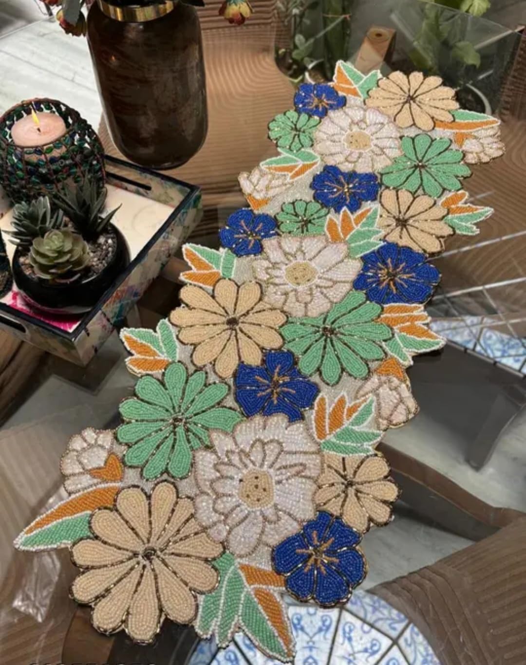 Beaded Floral Table Runner, Multicolor, Handcrafted Seed Bead, Flower Design, Boho Home Decor