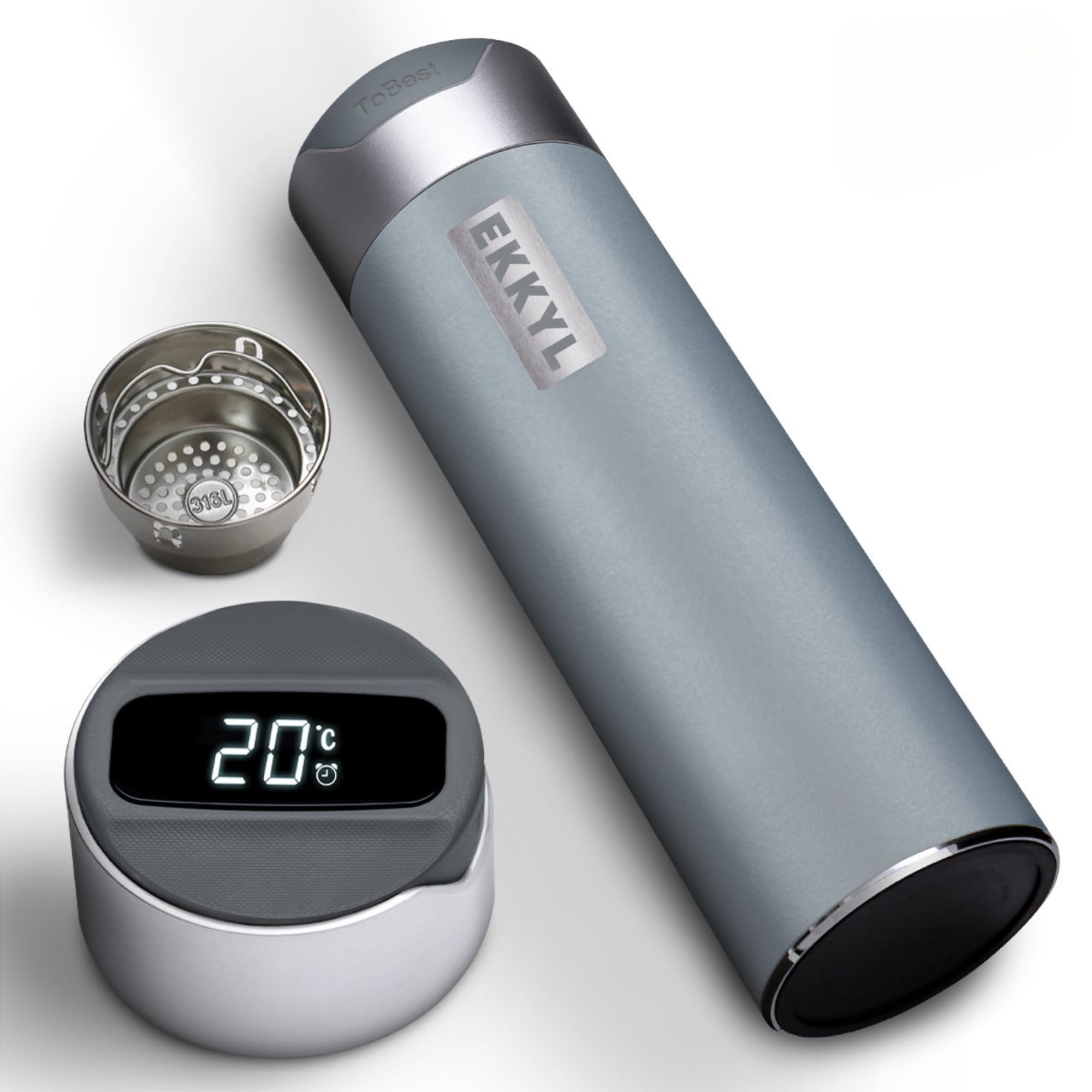 EKKYL Smart Watter Bottle Medical Grade Stainless Steel Sus 316L - Double Walled & Vacuum Insulated - Leak Proof & BPA free - Ideal for Hot Drinks, Soup, Coffee, Hot Chocolate, Tea. (Black)