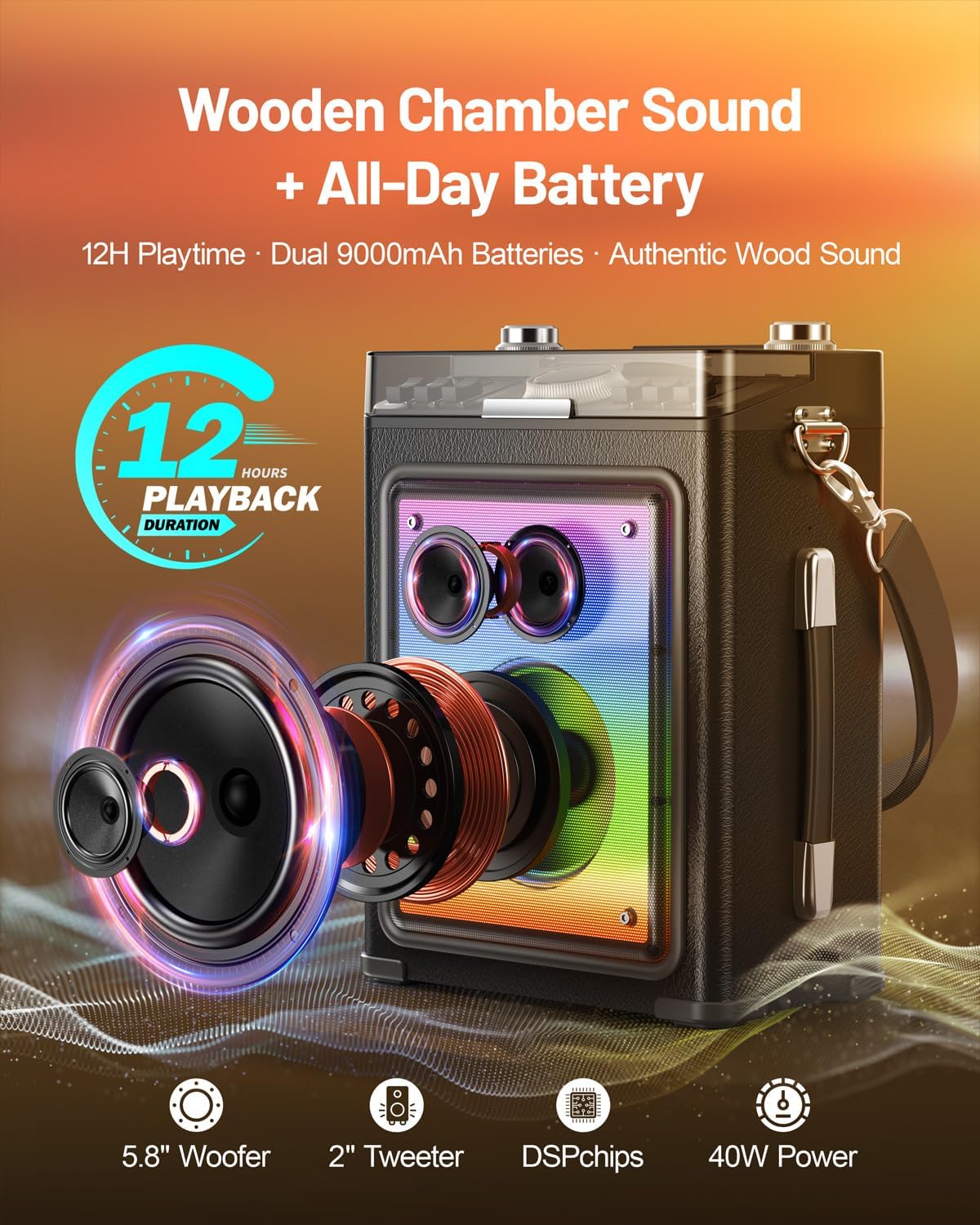 Karaoke Machine for Adults with 2 Wireless Microphones & Guitar Input, Professional Bluetooth 5.3 Speaker, Portable Wooden Karaoke PA System with Bass/Treble Adjustable for Backyard, Home Party - Image 3