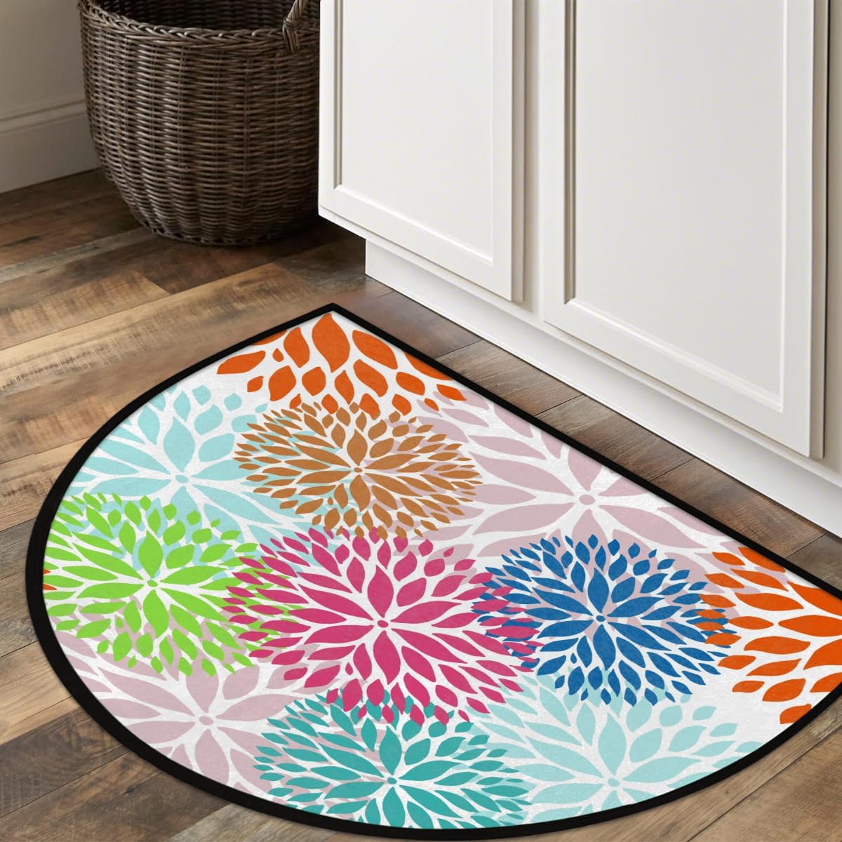 Half Round Door Mat Abstract Art Flower Semi Circle Area Rug Washable Half Moon Bathroom Rugs Entryway Rug for Indoor Outdoor Kitchen Hearth Fireplace Floor Welcome Carpet Low Profile