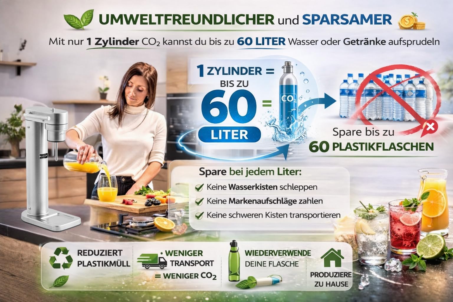 Wassersprudler Fizz Club Fusion für Wasser und Softdrinks, Edelstahl gebürstet, ohne Strom, kompatibel mit universellen CO2 Zylindern